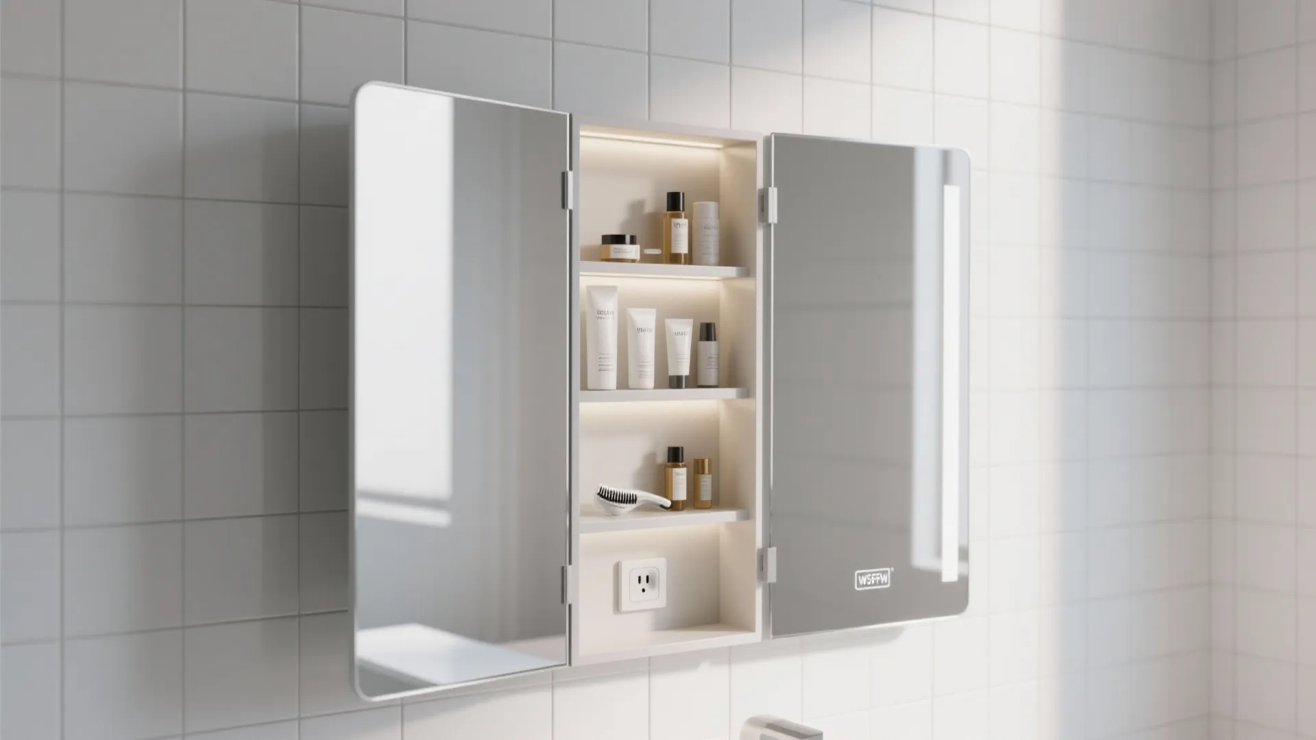 Open wall cabinet with mirror doors showing shelves filled with skincare products and power outlet