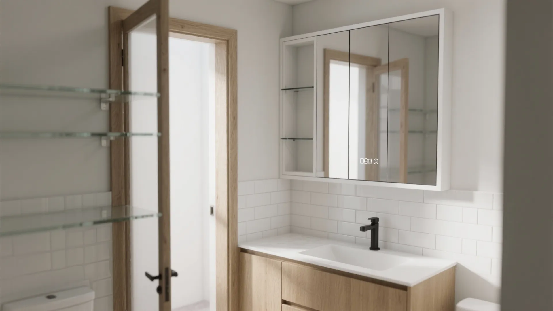 Recessed mirror cabinet sits flush with the wall in a narrow bathroom, with adjustable glass shelves inside.