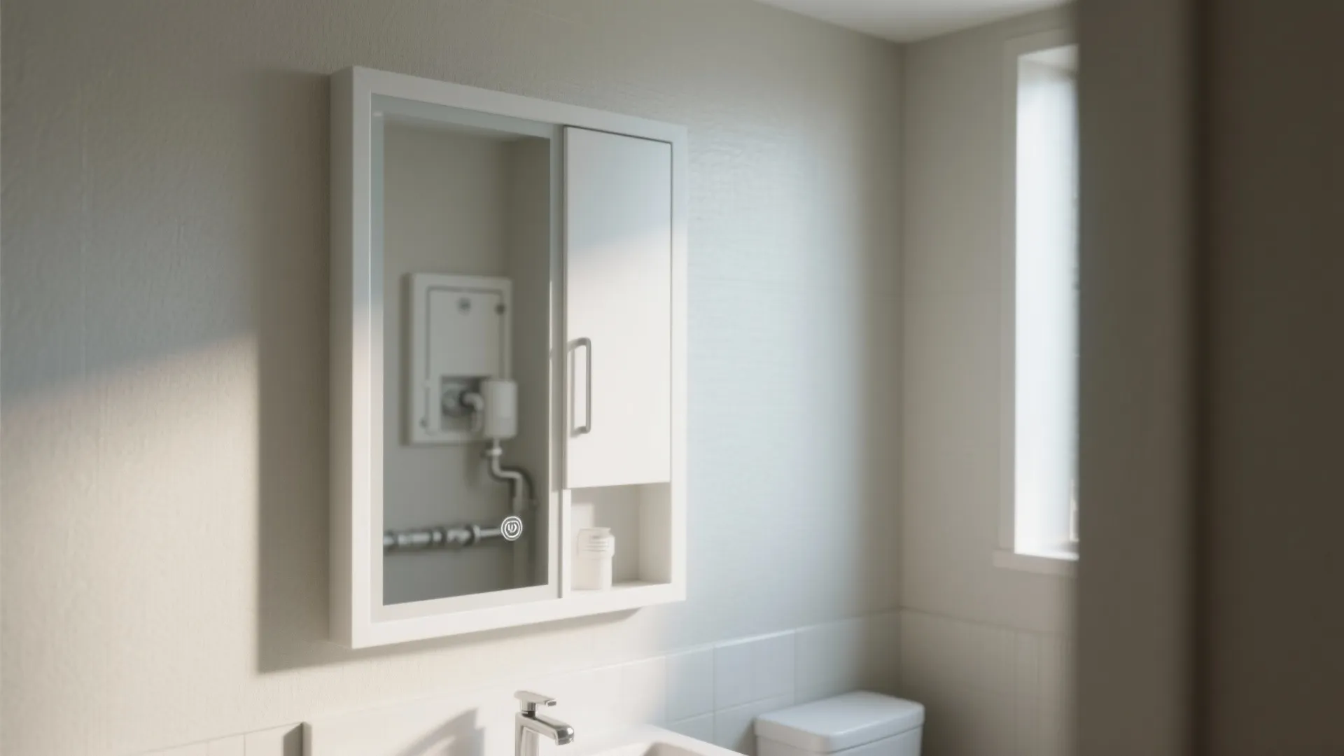 Small bathroom showing a white recessed medicine cabinet flush with the wall and clean hotel-like finish.