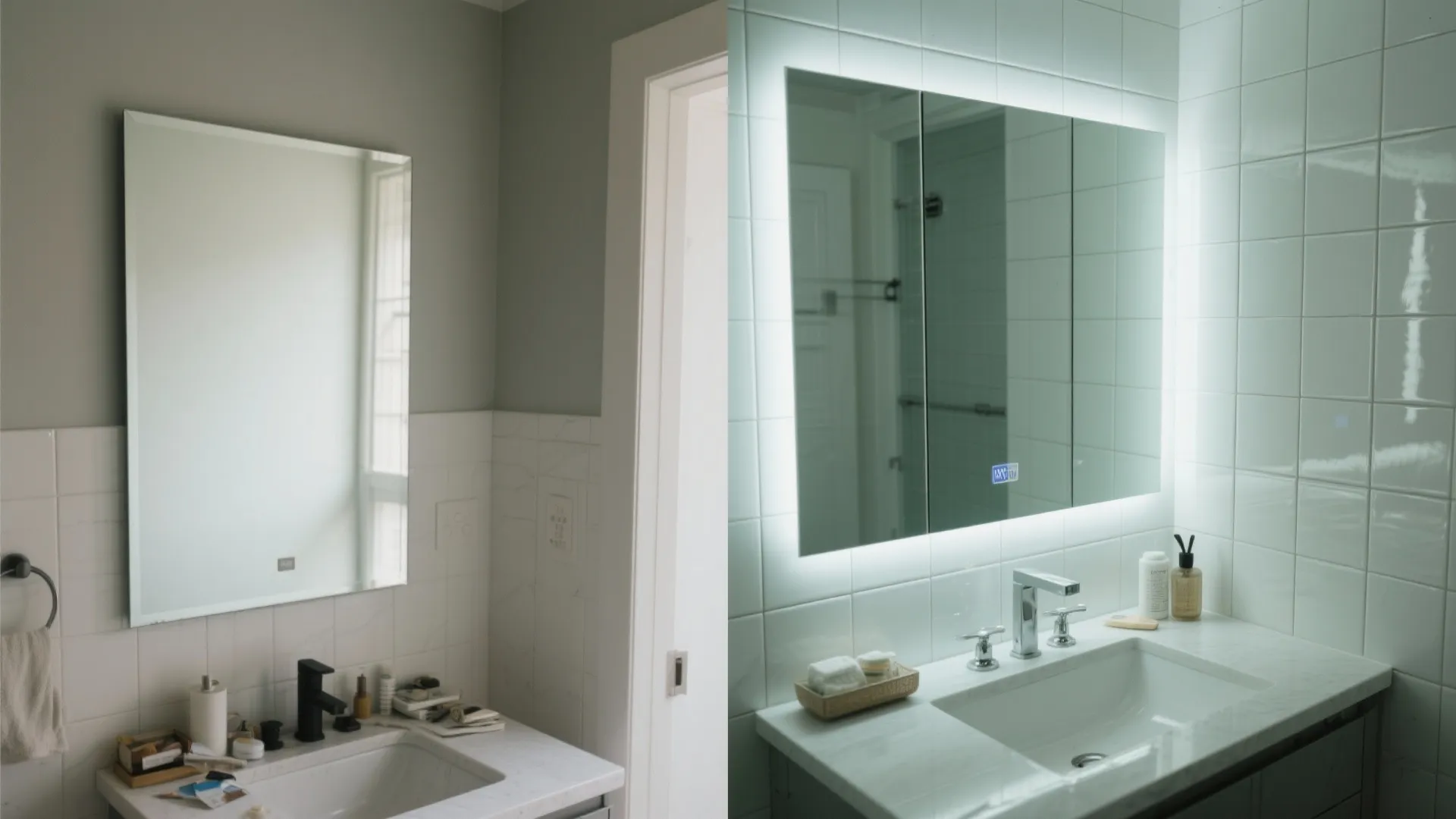 Before-and-after of a small vanity wall showing clutter removed by a recessed medicine cabinet.