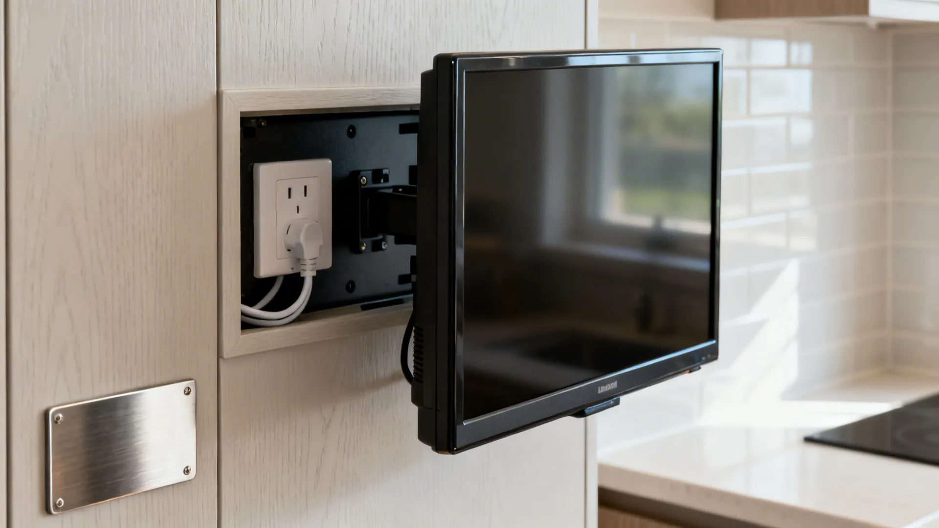 Macro of recessed outlet and low-profile mount behind a small kitchen TV with clean cable pass-through.