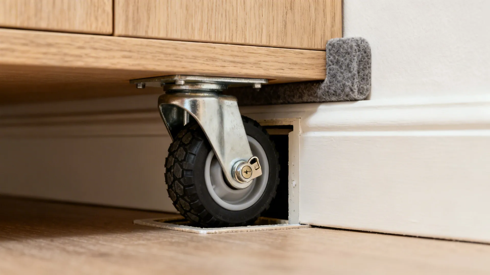 Close-up of a recessed locking caster in a banquette toe-kick.