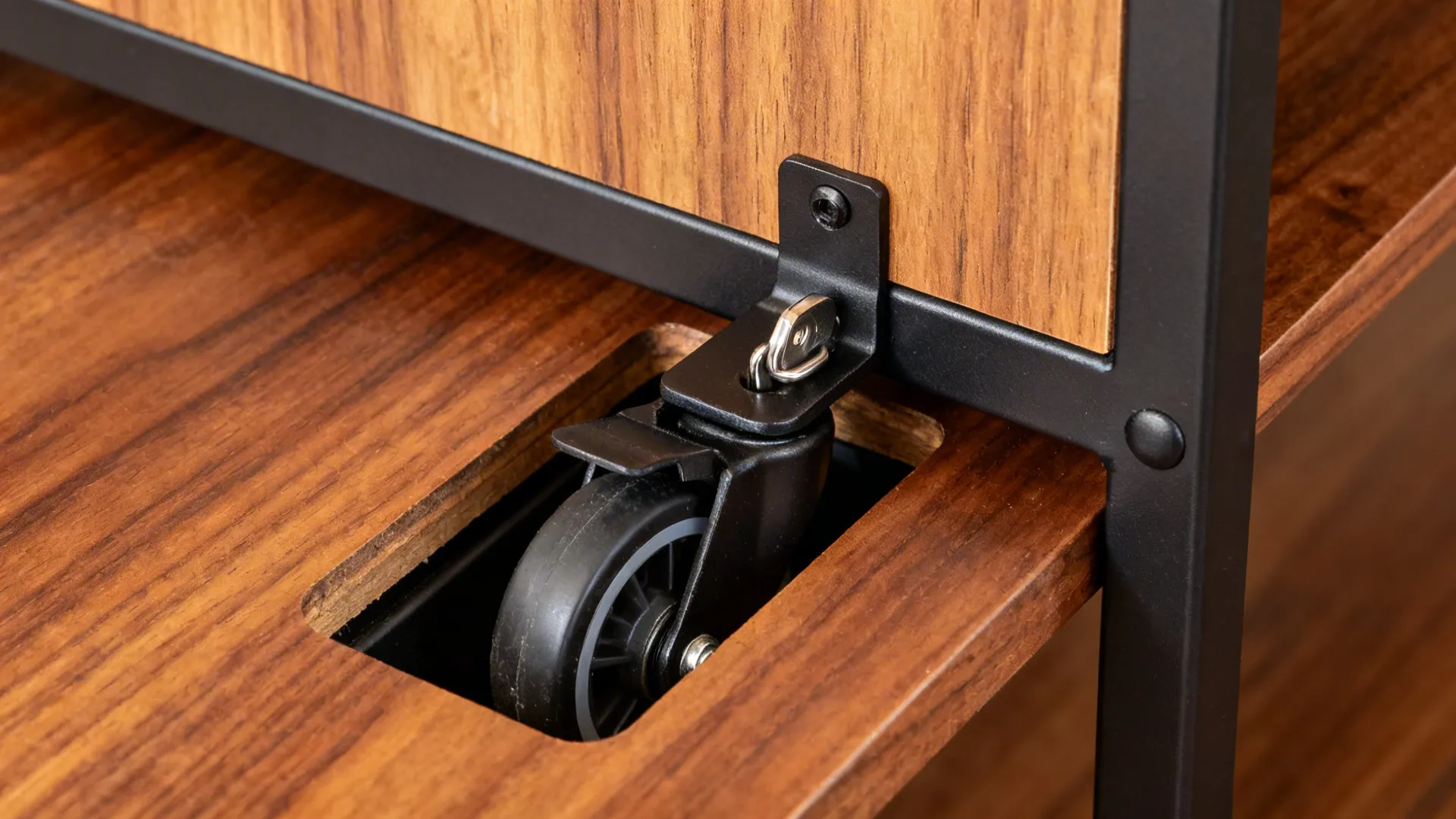 Close-up under an apron showing a recessed hidden caster on a steel frame.