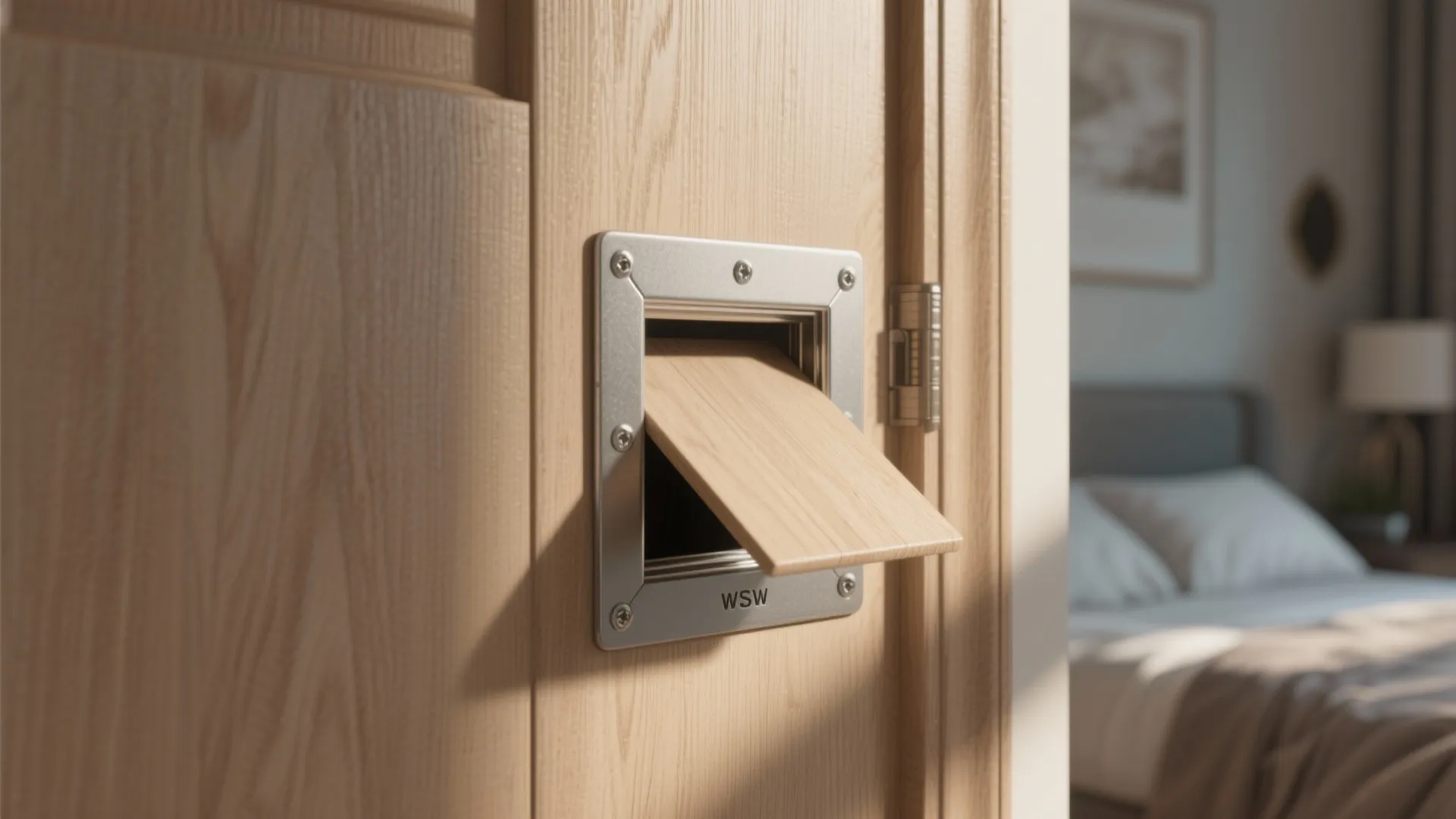 Modern wood door featuring built in small pet door with silver metal frame and panel