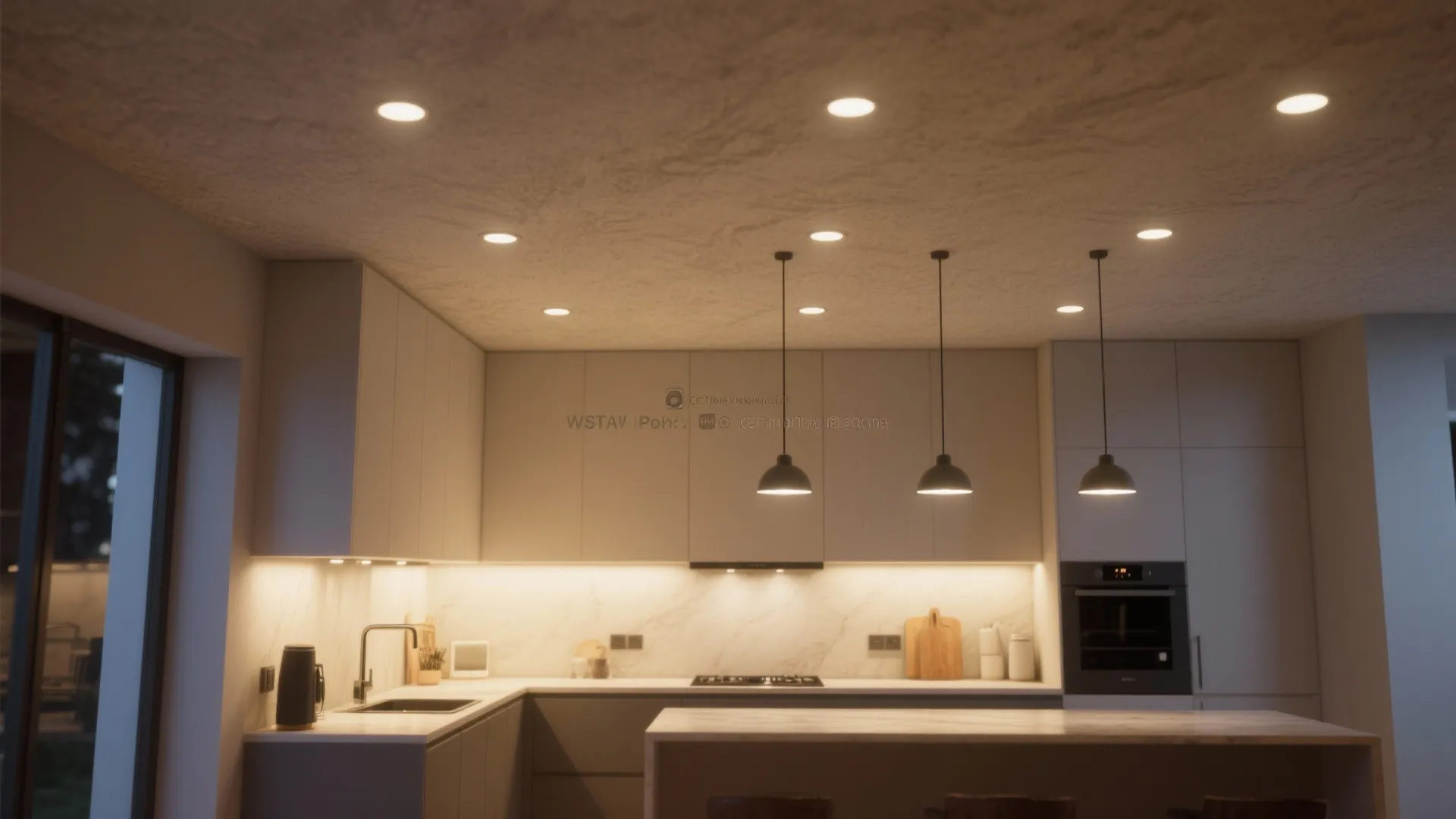 Low-ceiling kitchen with dimmable recessed lights providing clean, even ambient illumination.