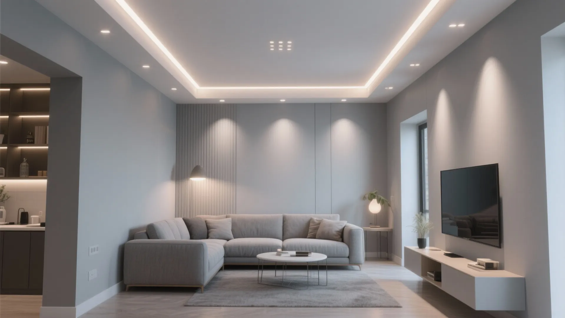 Small modern living room with recessed LED ceiling strips