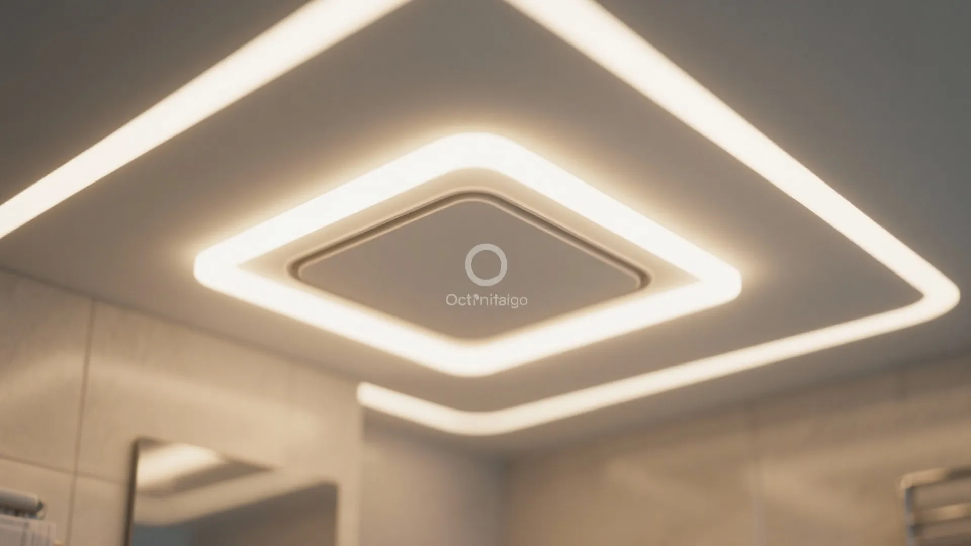 Modern square white ceiling light fixture with bright glowing led bands on plain white ceiling