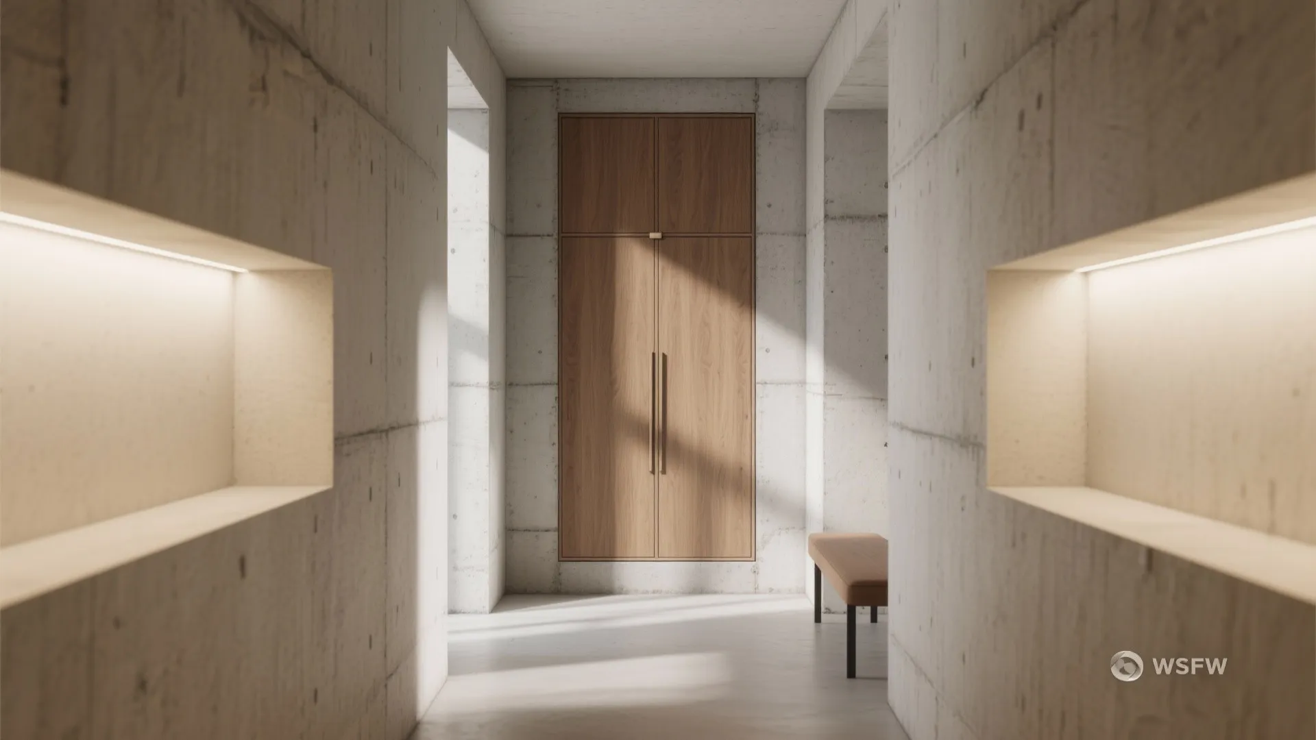 Symmetry view of concrete walls with light fixtures a wooden cabinet and small leather bench