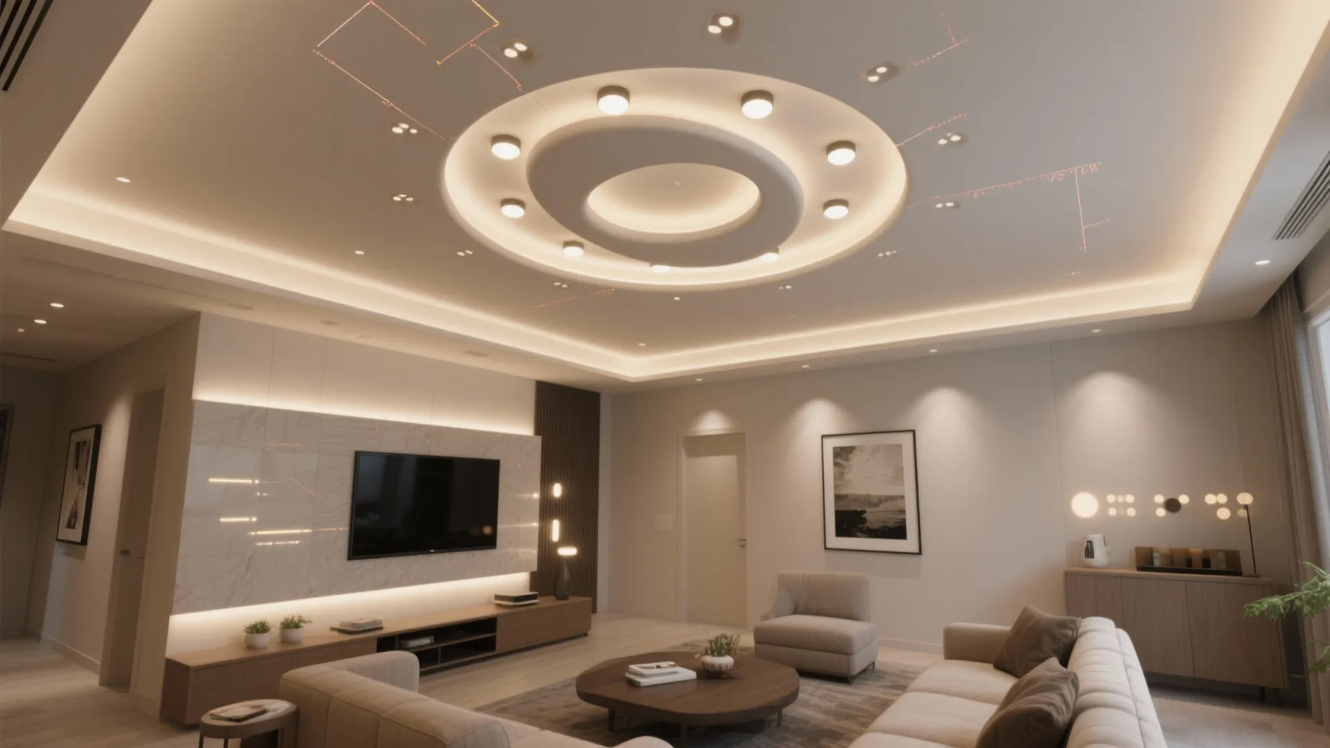 Top-down lighting layout showing recessed downlights around a sculptural central flush mount.