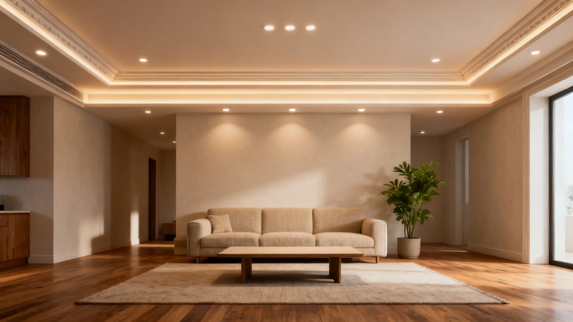 Modern living room with beige sofa wooden floor rug coffee table potted plant and ceiling lights