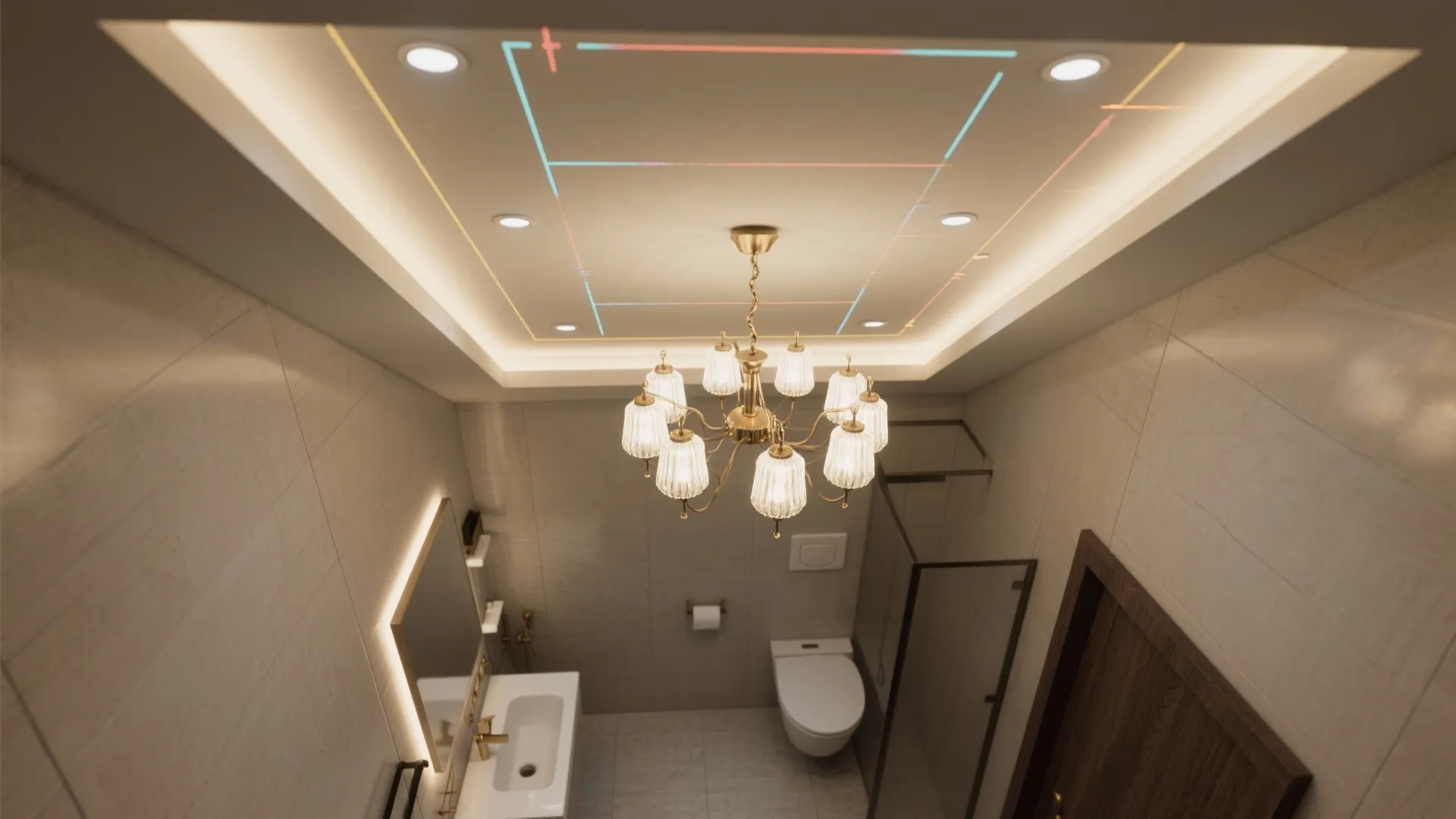 Modern bathroom interior design drawing with ceiling light toilet white sink and glowing wall mirror