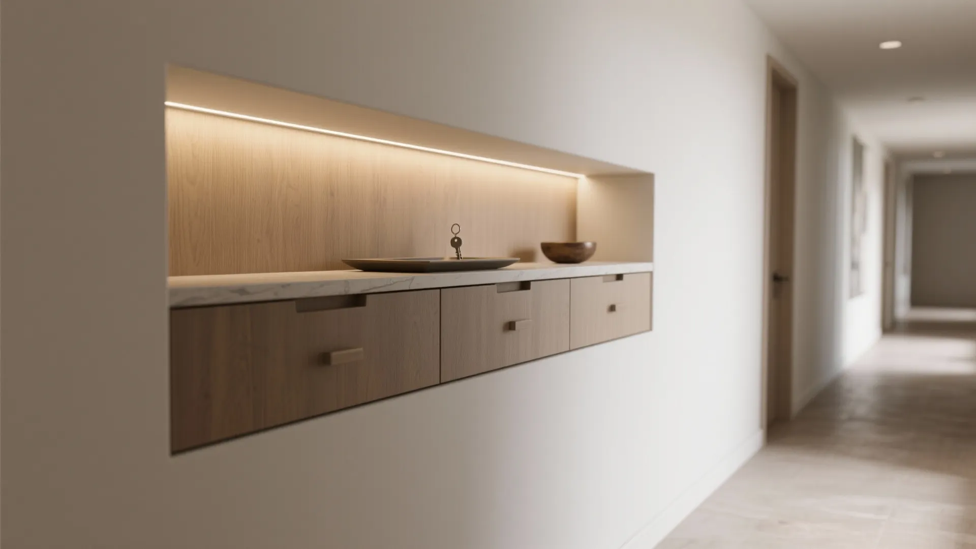 Modern wood cabinet built into a white wall hallway with warm light and small bowl