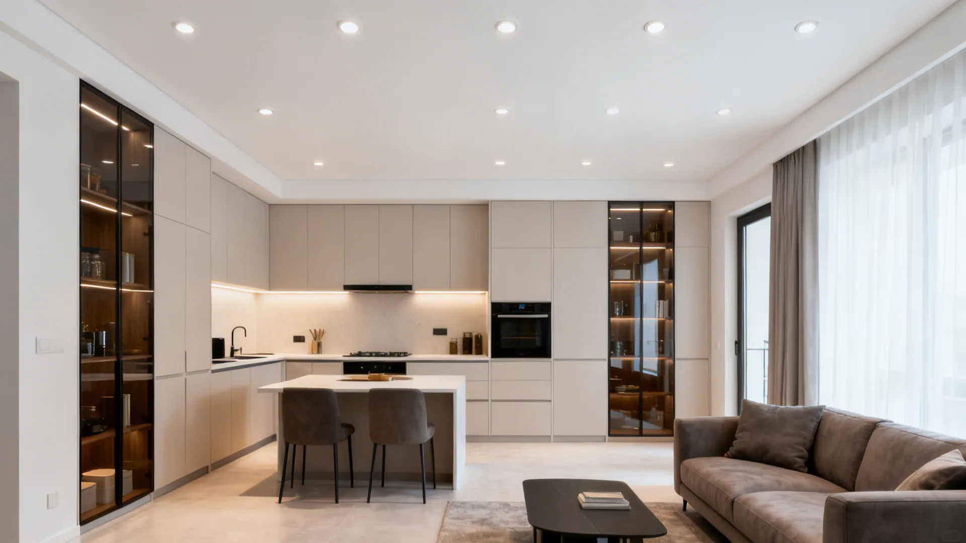 Smooth white ceiling with trimless recessed lights evenly spaced across a small kitchen-living room.