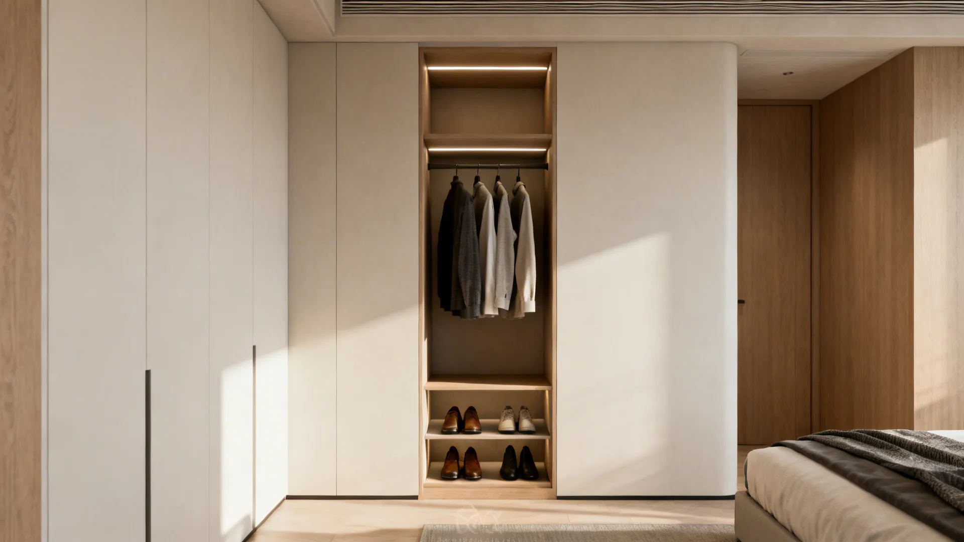 Slim recessed closet niche with hanging clothes and open shoe shelving and integrated lighting.