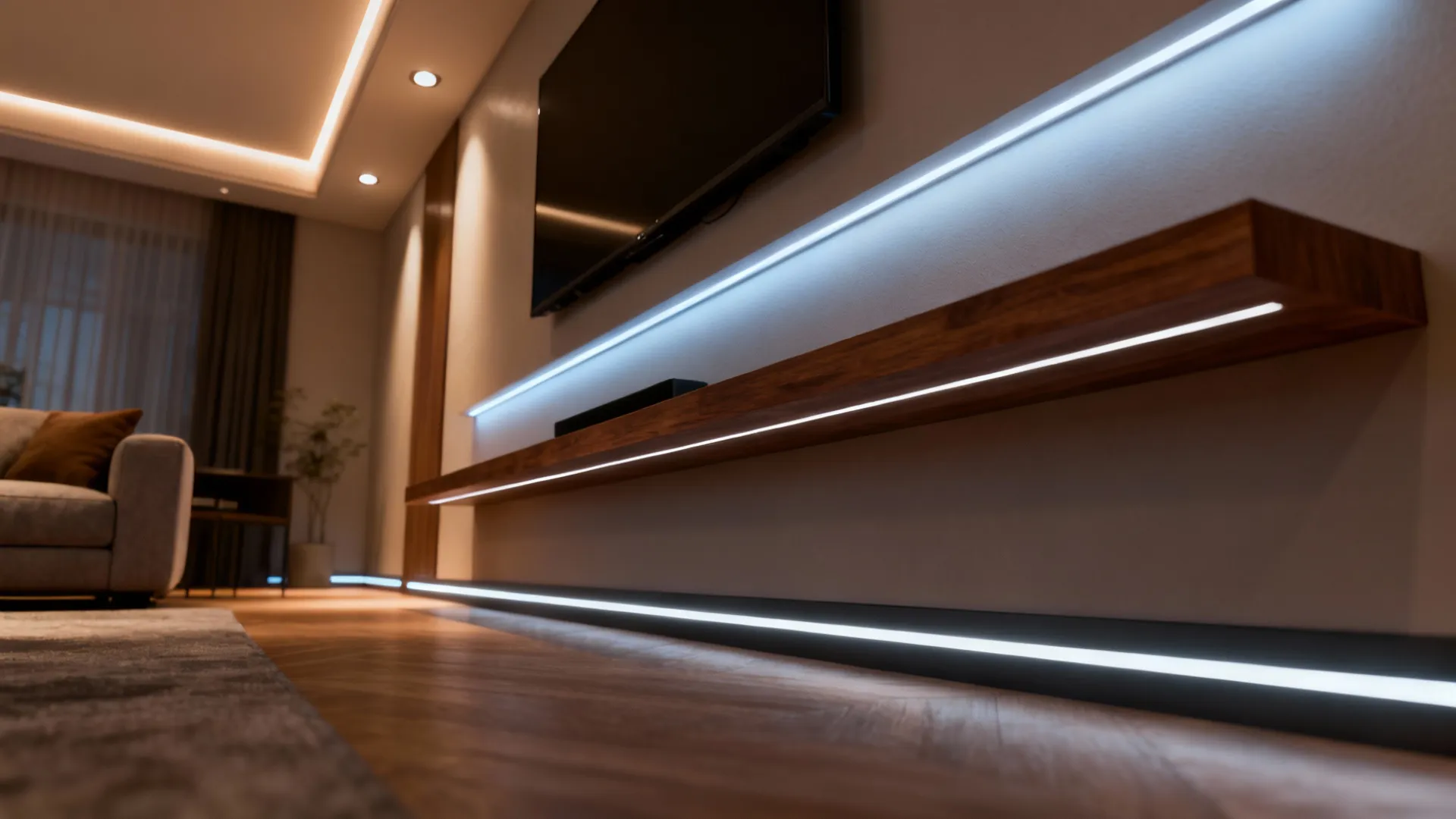 Living room showing recessed downlights paired with concealed cove and toe-kick LEDs behind a floating media shelf for subtle depth.