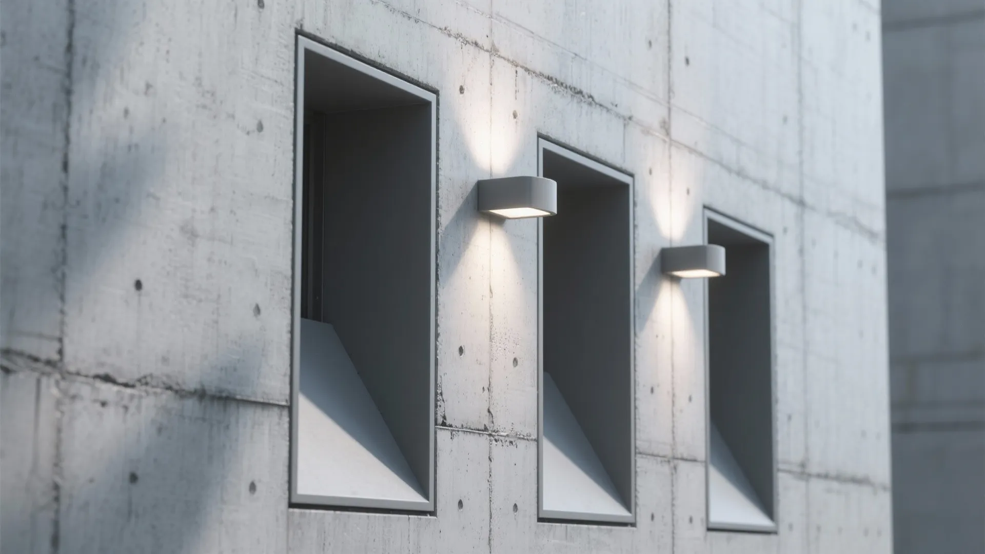 Recessed up-down fixtures flush with a textured concrete wall creating crisp vertical shadow lines.