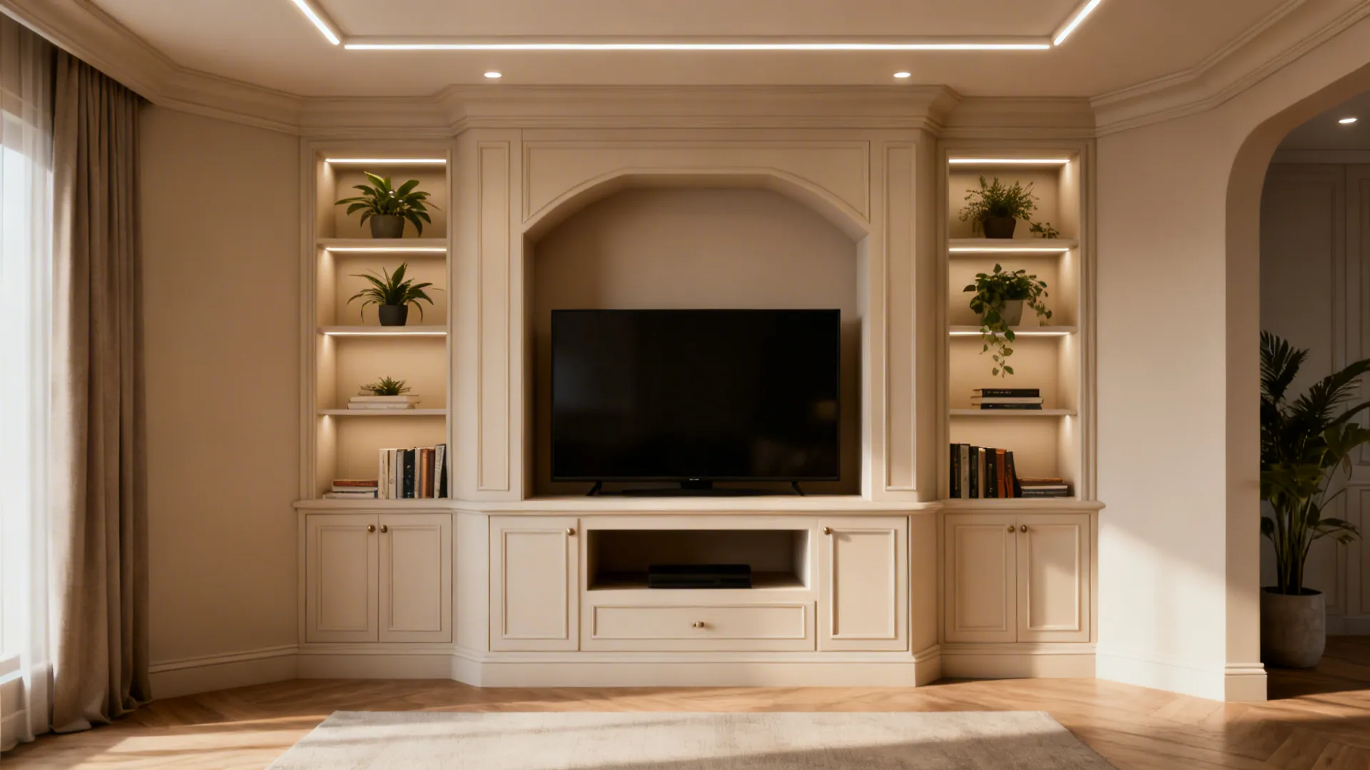 Custom built-in corner cabinet with a recessed TV, display niches and recessed LED lighting.