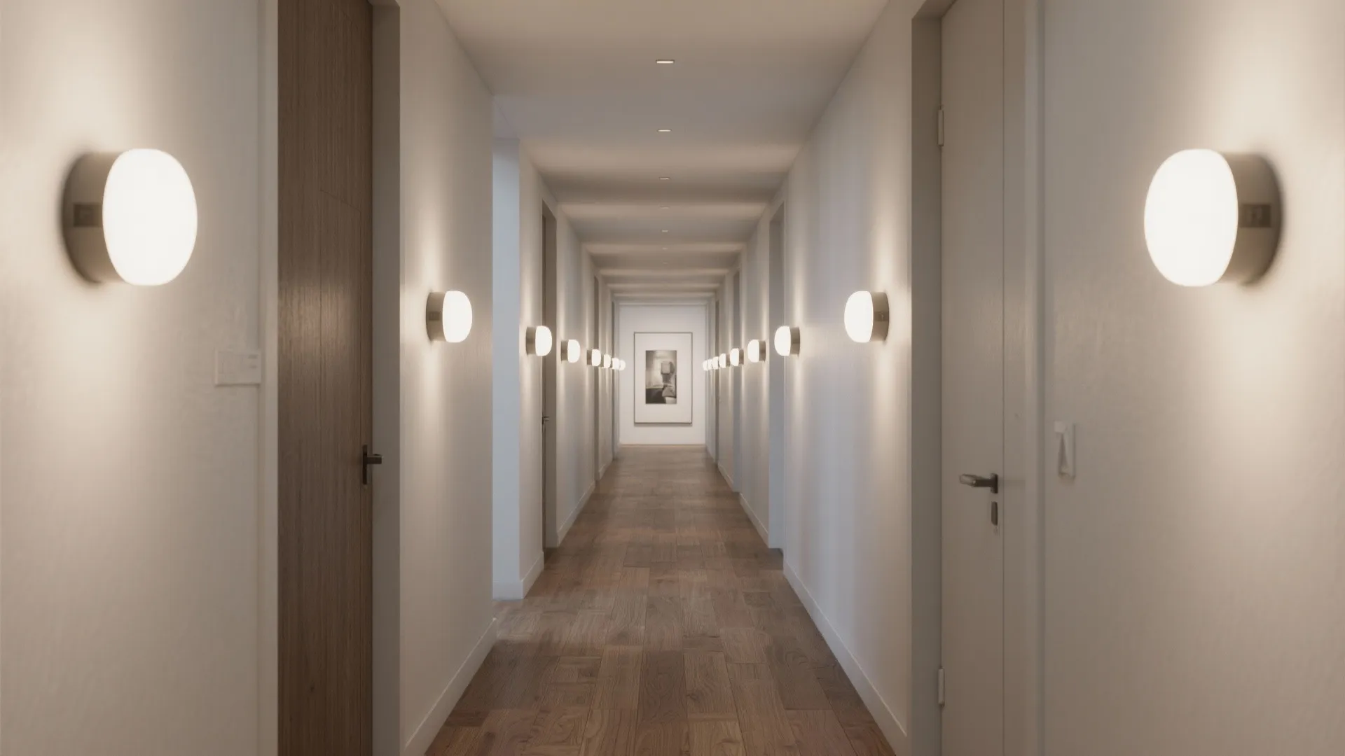 3. Recessed circular sconces for corridors