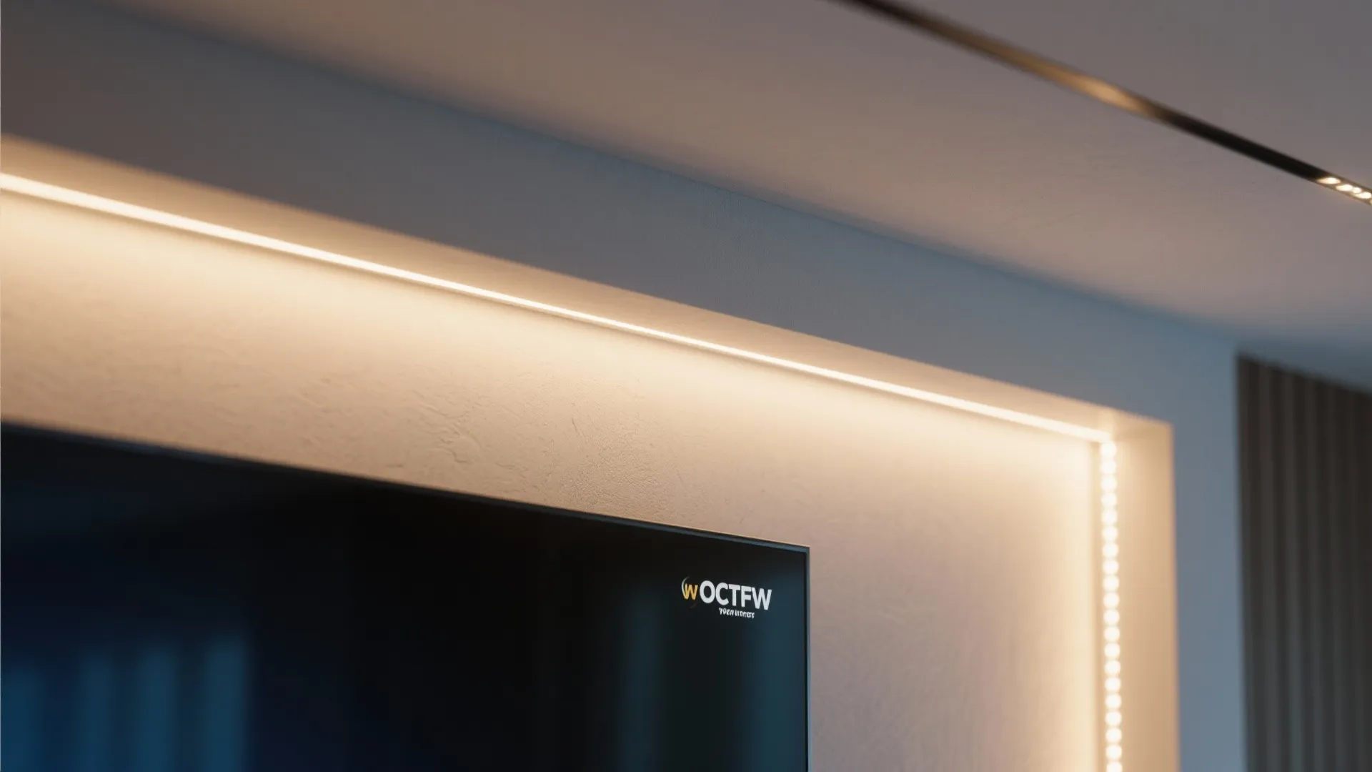 Close up of warm light fixture strip hidden behind a white wall panel near television
