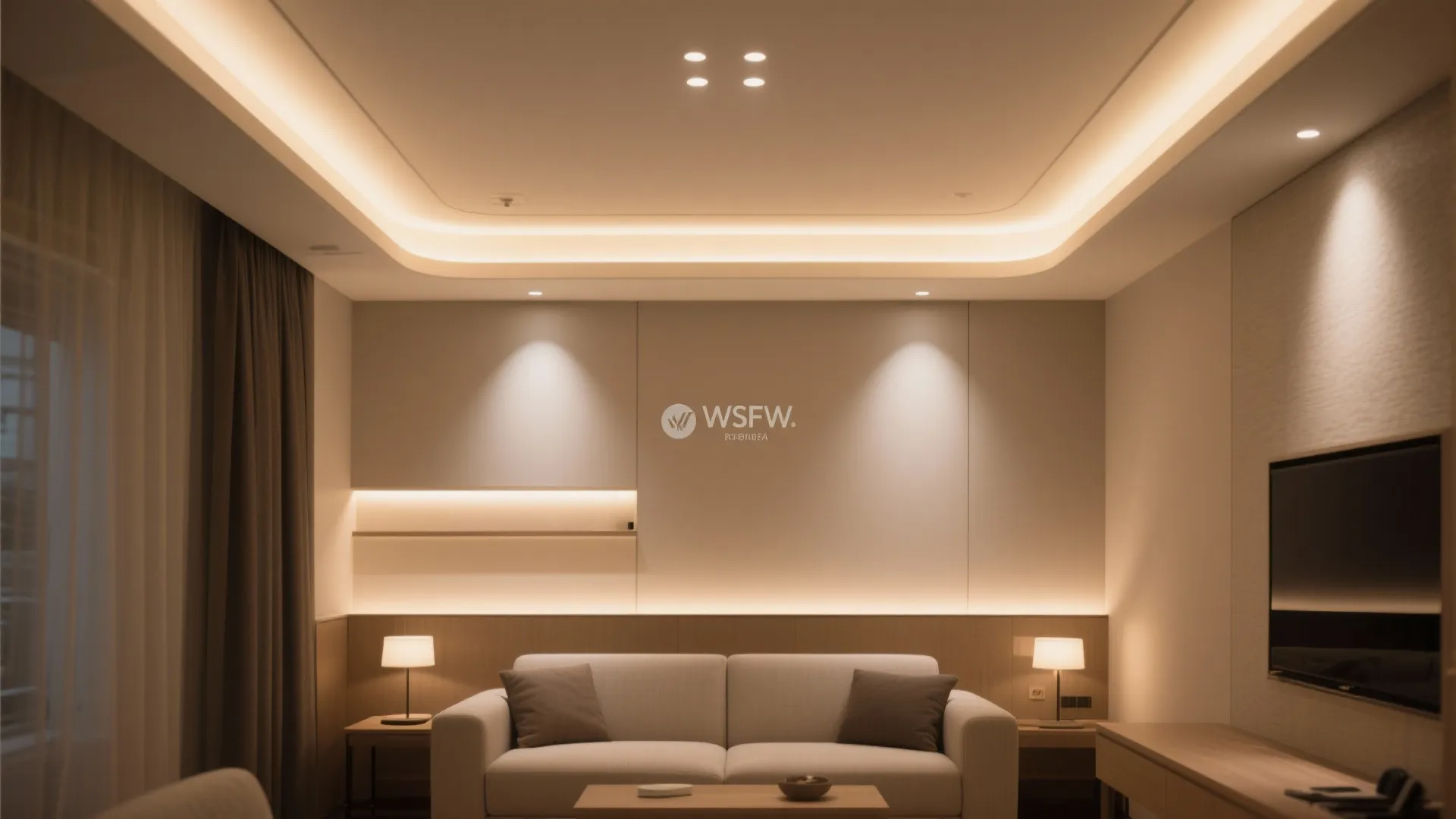 Living room with recessed downlights and soft cove LED glow around the ceiling.