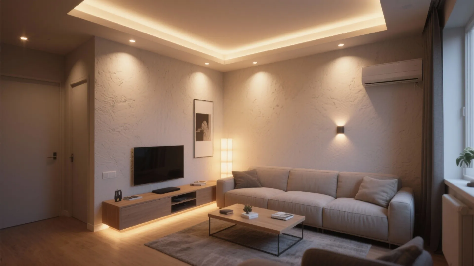 Modern living room featuring warm hidden ceiling lights wall lights floor lamp and comfortable beige sofa
