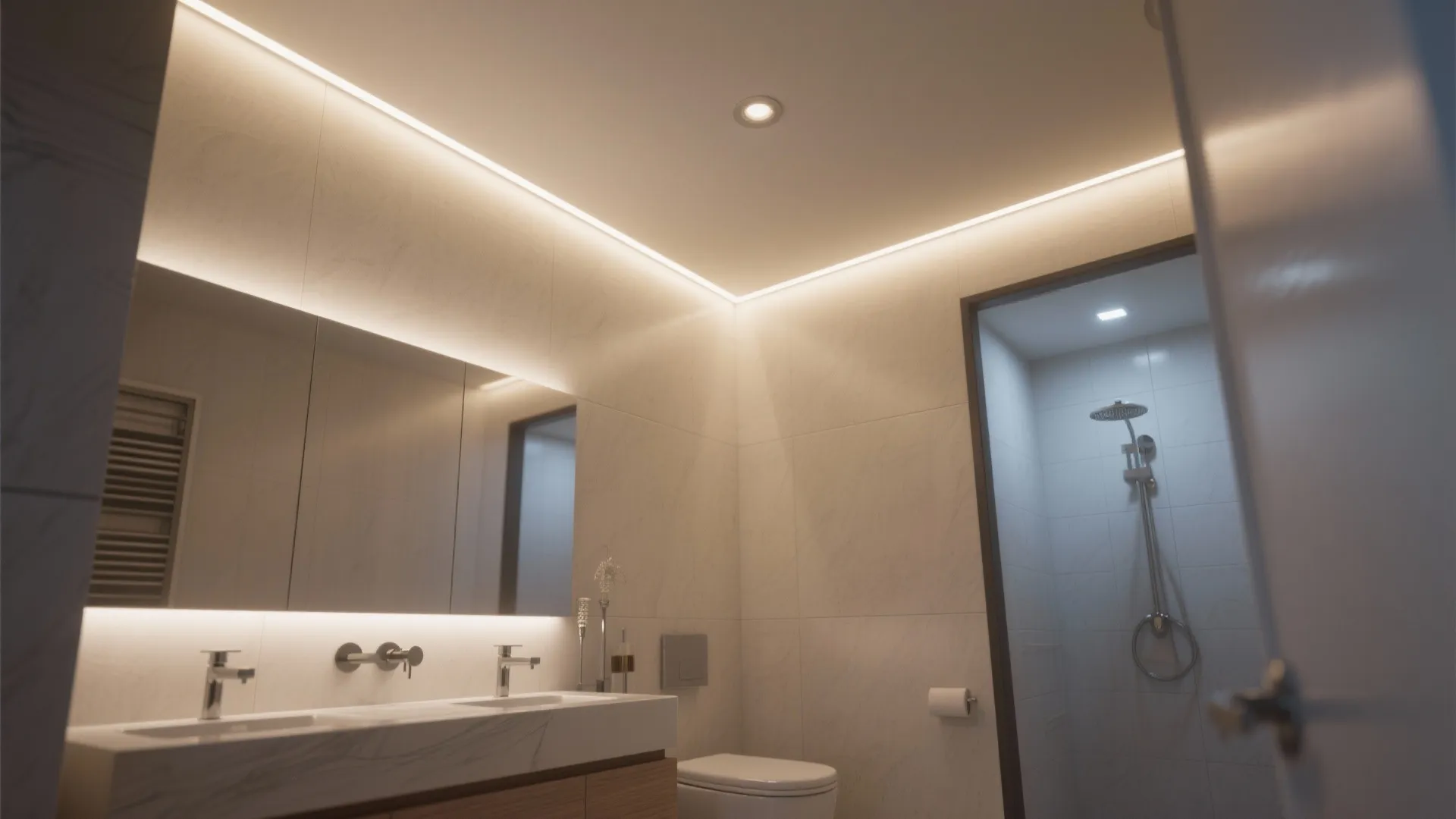 Modern bathroom interior featuring hidden led strip lights on ceiling with sink mirror and shower