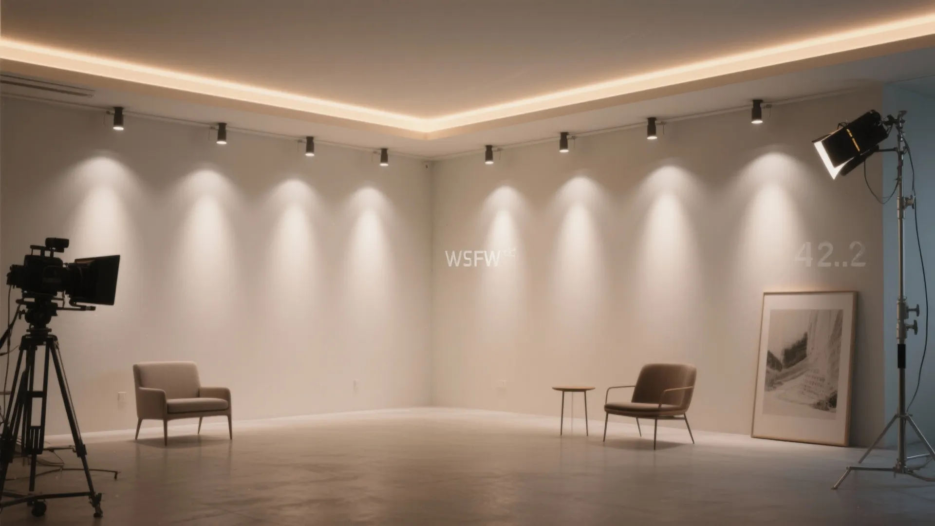 Minimalist studio with recessed lights and a soft perimeter cove wash for clean, glare-free illumination.