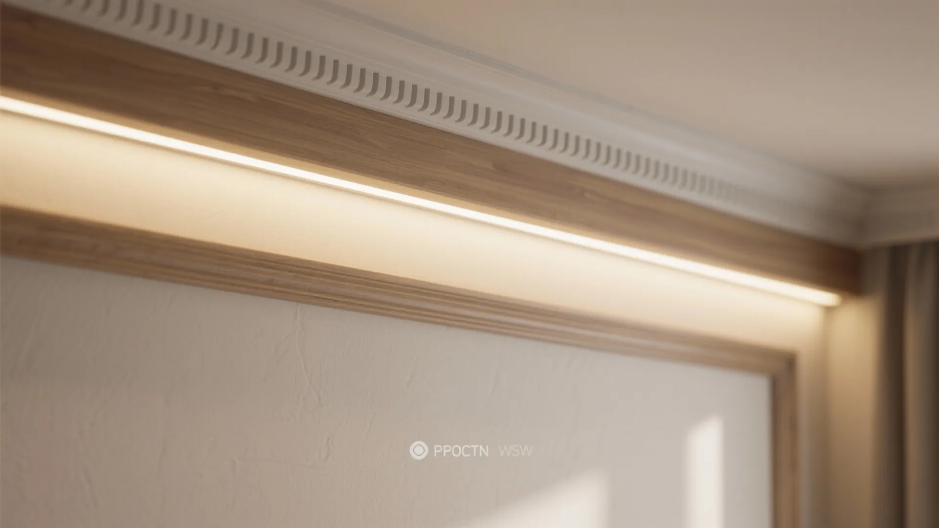 Close up view of led light strip installed behind wooden wall panel for warm room lighting