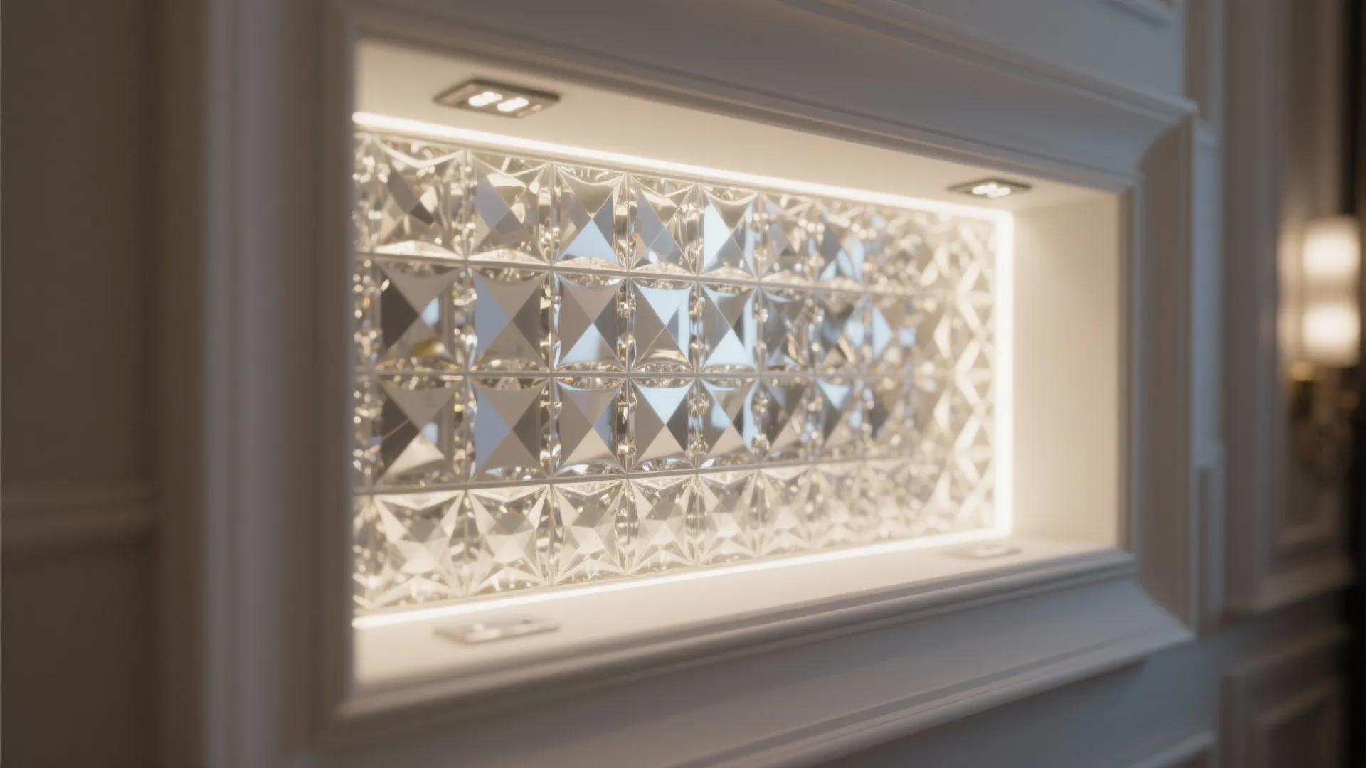 5. Recessed Backlit Crystal Panels for Subtle Glamour