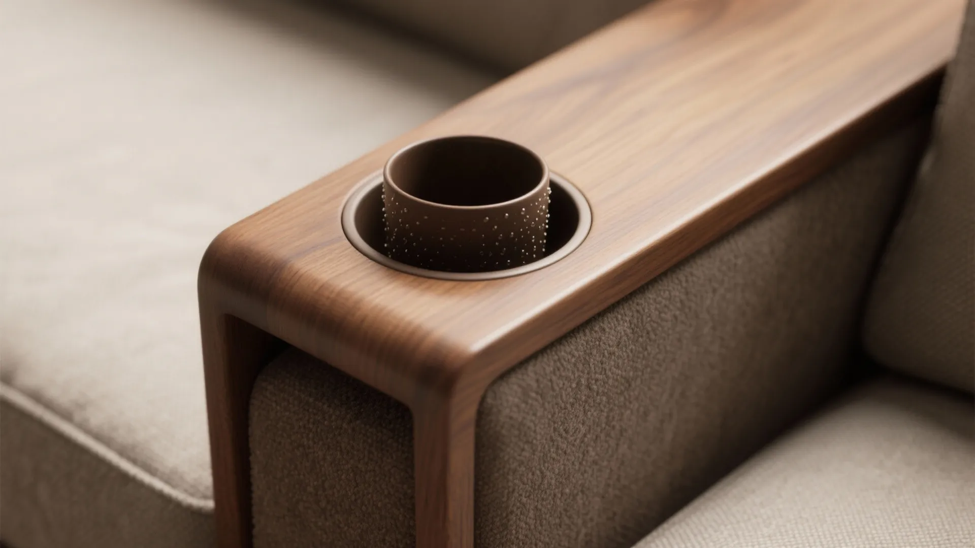 Close-up of a recessed wooden cup holder panel attached to a sofa arm with felt pads underneath.