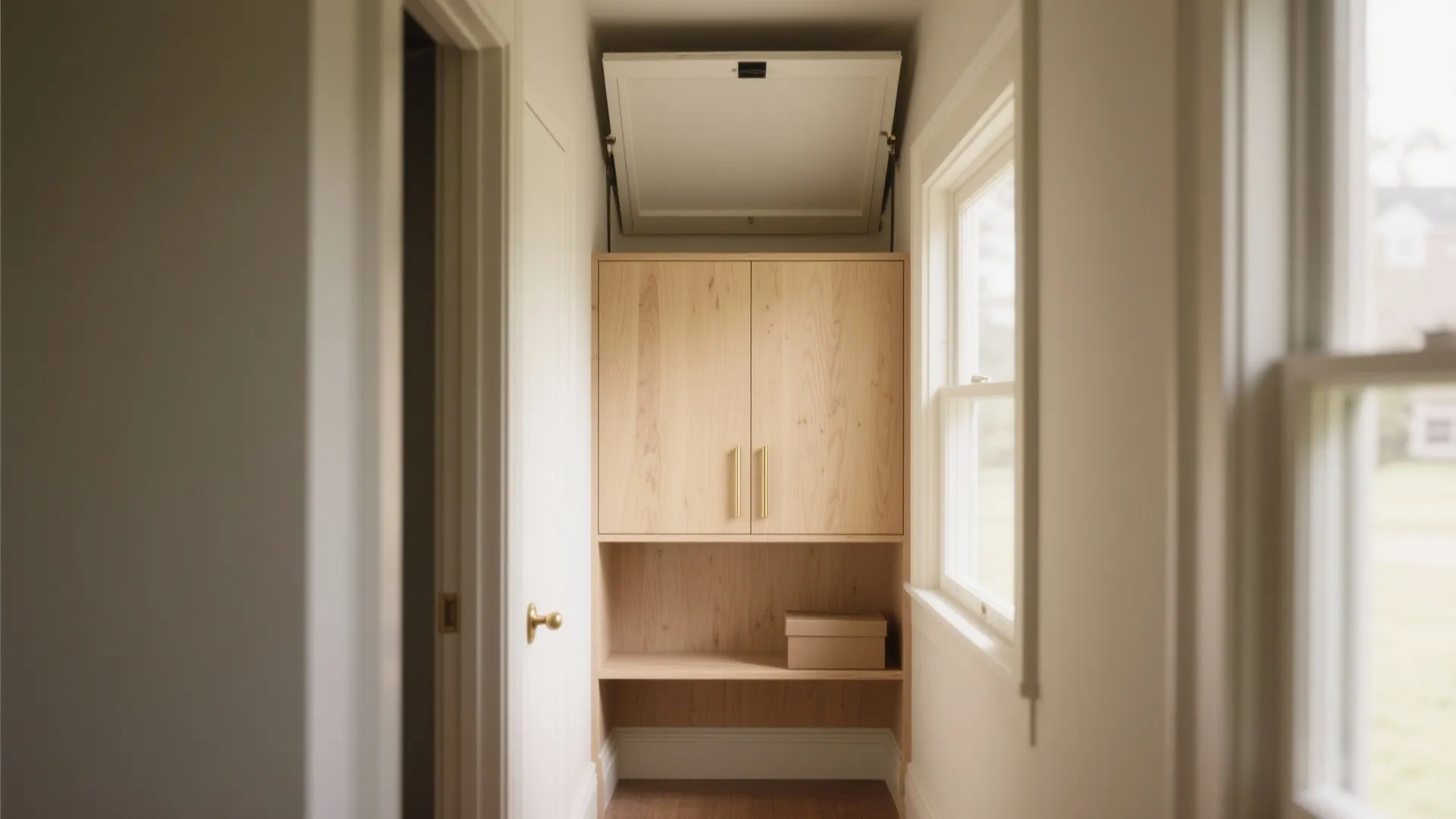 Light wood cabinet inside a small closet area with a white door and natural window