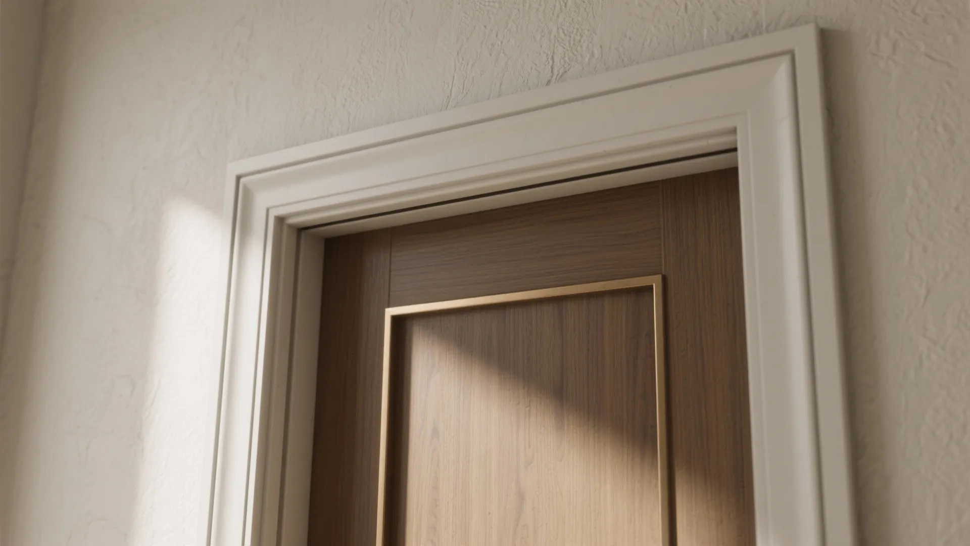Close up view of a wooden door with white frame and elegant gold metal trim
