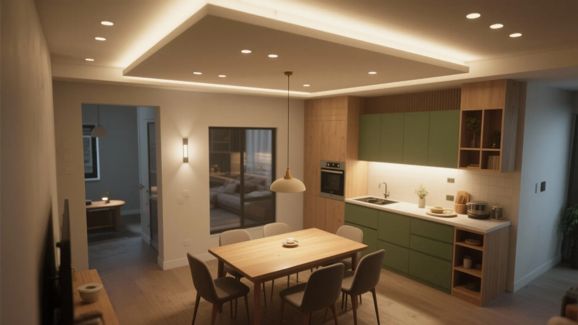 5. Recessed lights with dimmable pendant accents