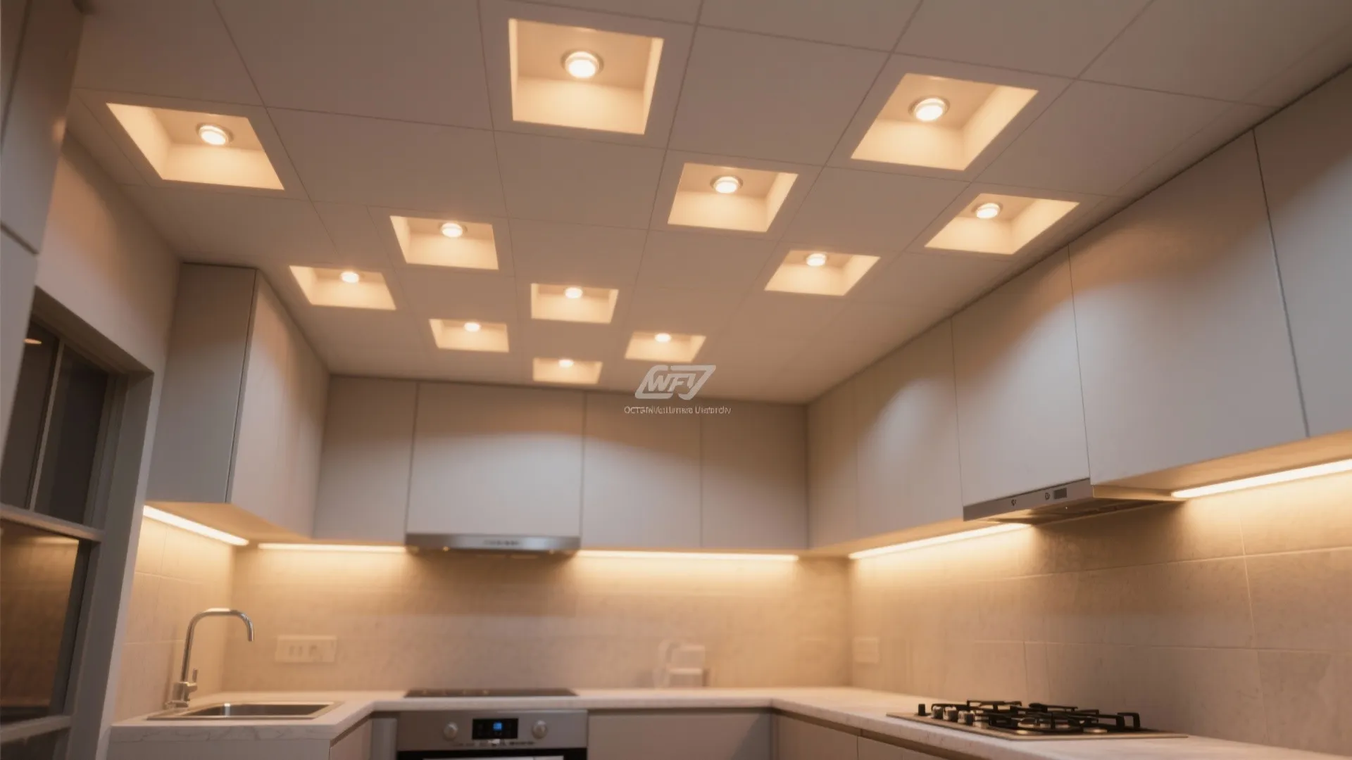 Modern kitchen with square ceiling lights under cabinet light strip white cabinets and grey sink