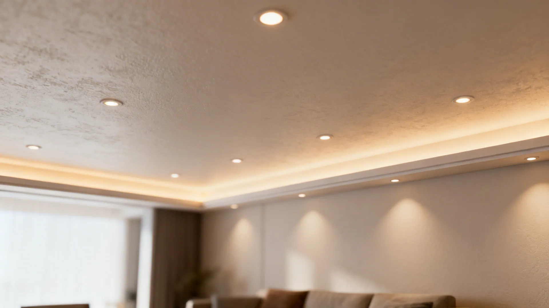 Recessed warm downlights in a low ceiling showing even spacing and dimmable zones.