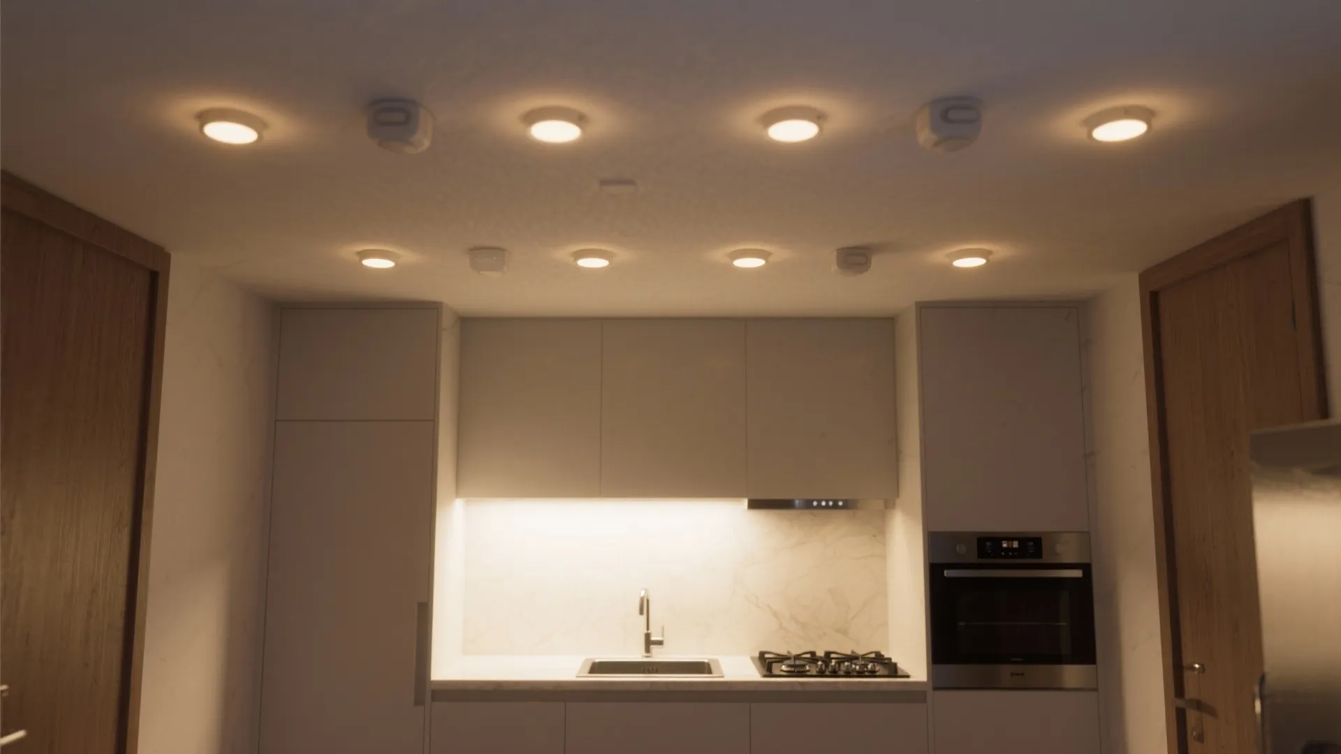 Modern kitchen with many small ceiling lights above the white cabinets and marble tile backsplash