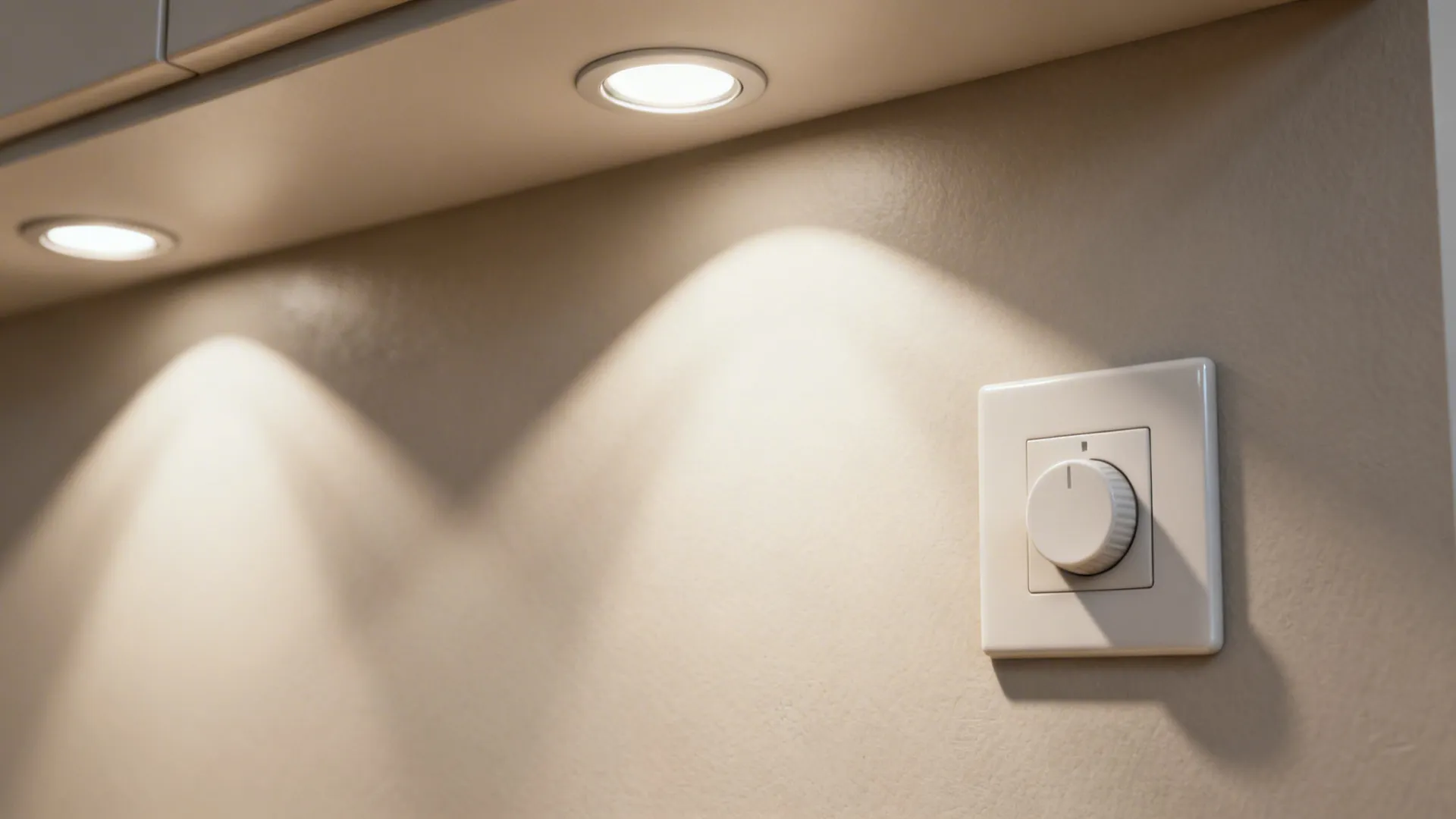 Evenly spaced recessed downlights on a low ceiling with soft beam spread and a dimmer switch.