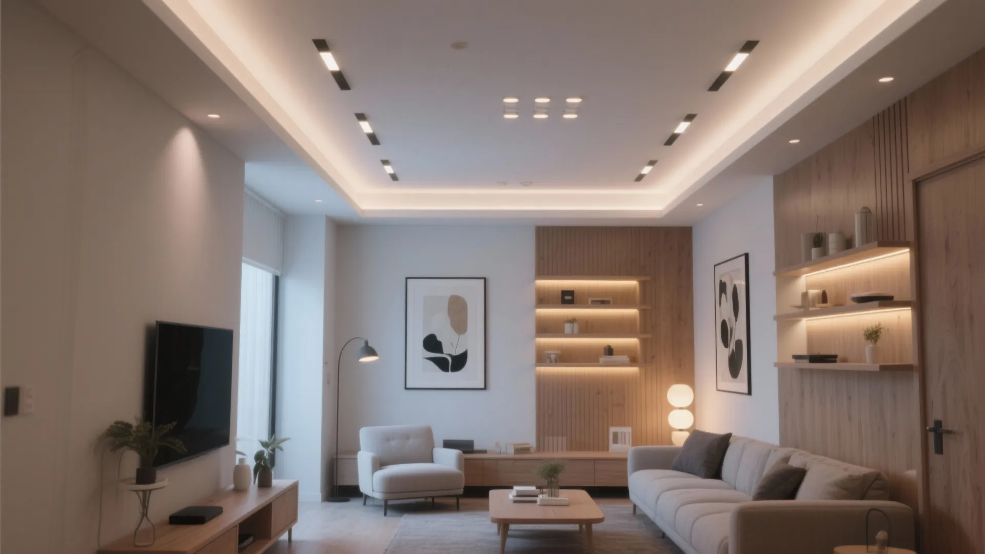 Modern living room with recessed ceiling lights warm wall lighting grey sofa and wooden shelves