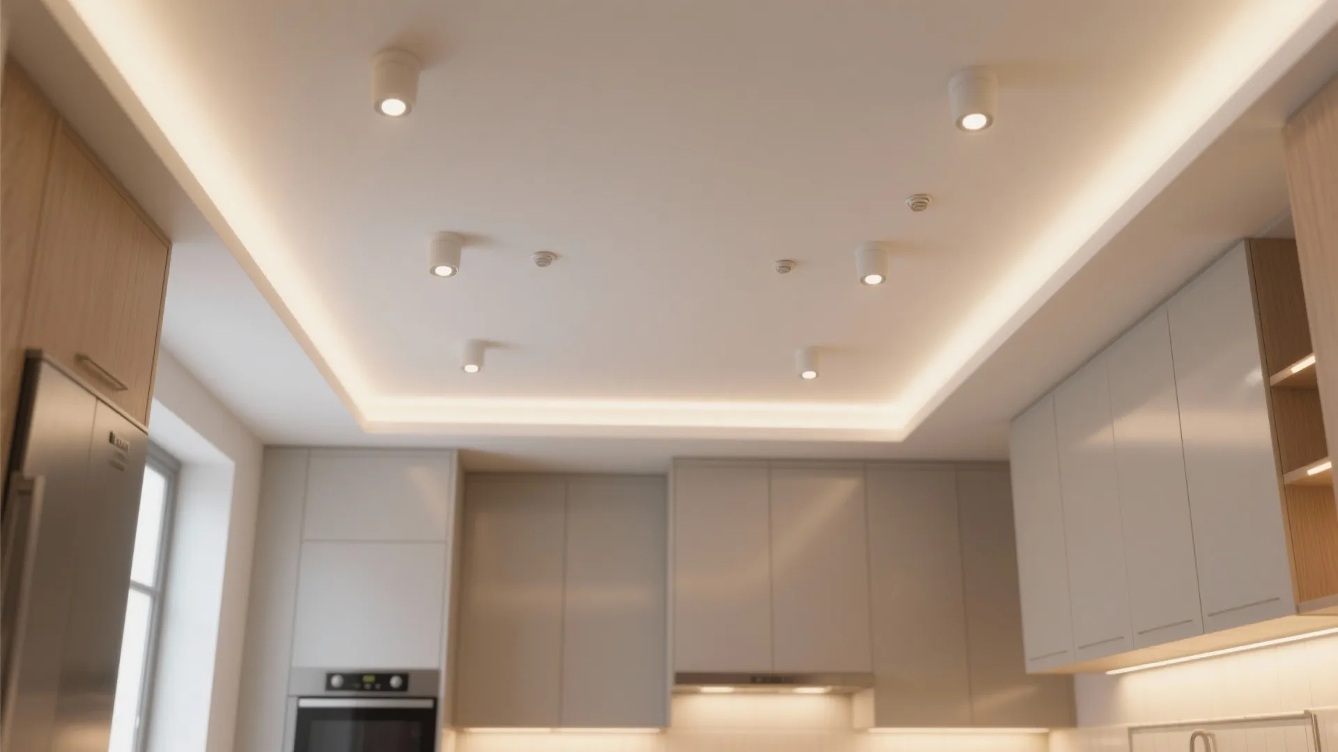 Modern white kitchen ceiling with warm led light strips and several small round ceiling lights