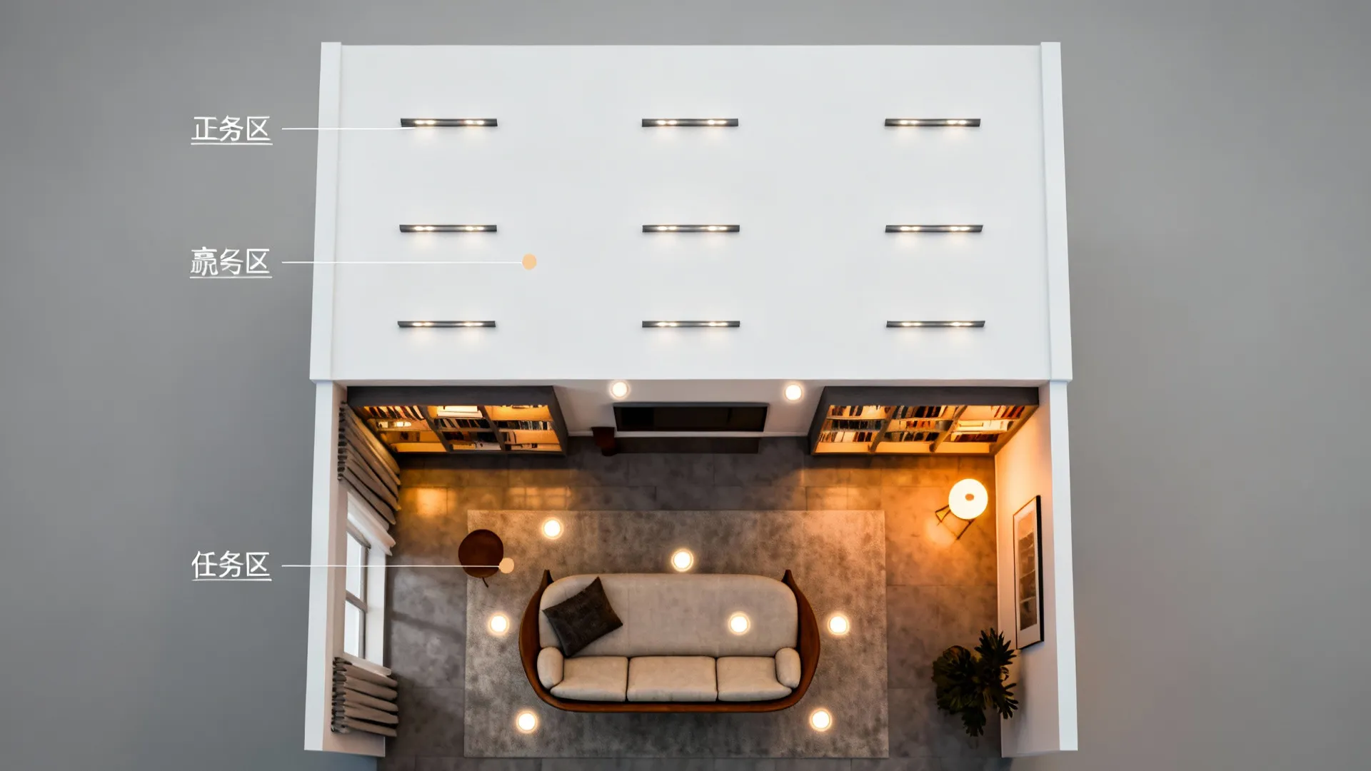 Top-down layout of recessed lighting grid with three dimming zones over a compact living room