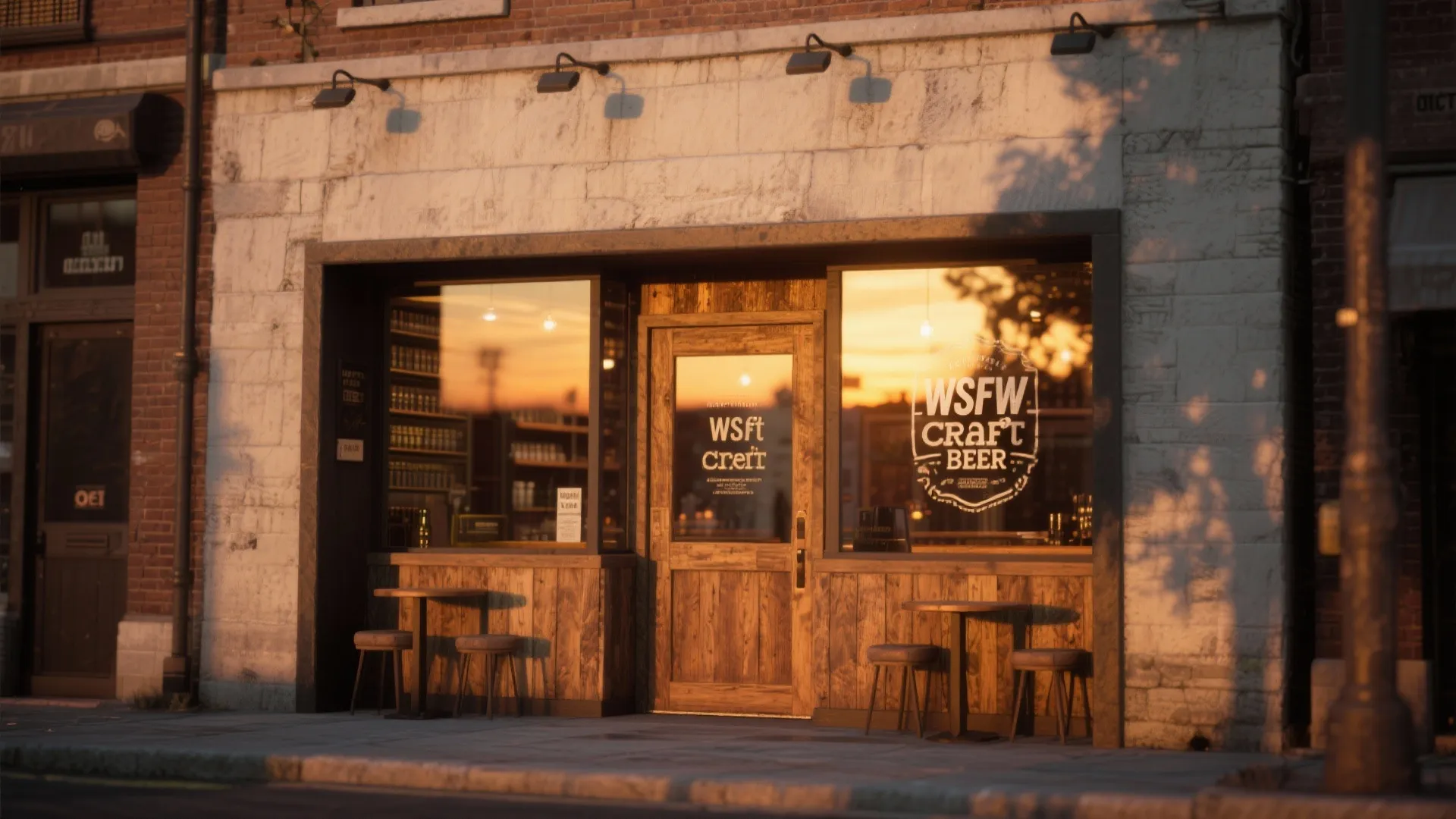 Vintage craft beer shop exterior with wooden door wall light fixtures and outdoor seating tables