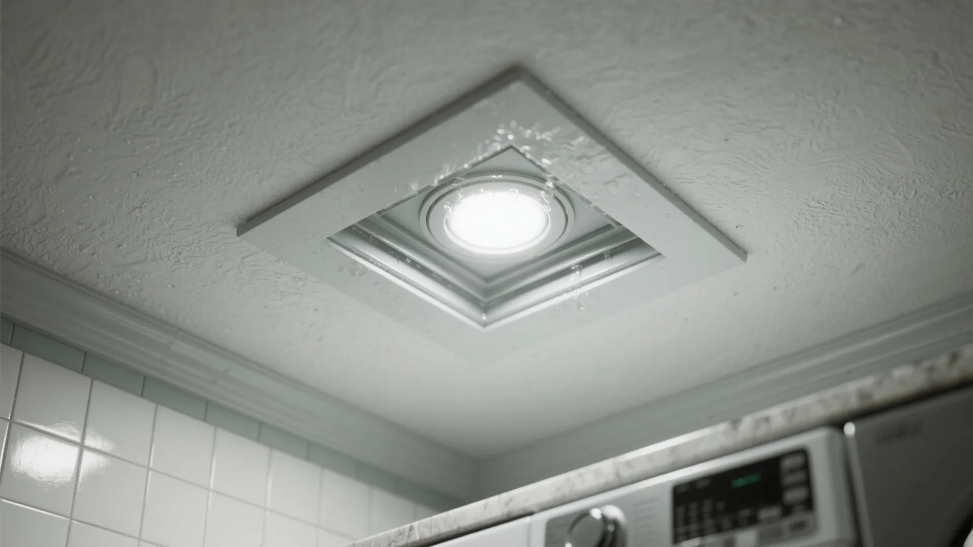 Square recessed ceiling light fixture with water droplets on the surface in a tiled bathroom