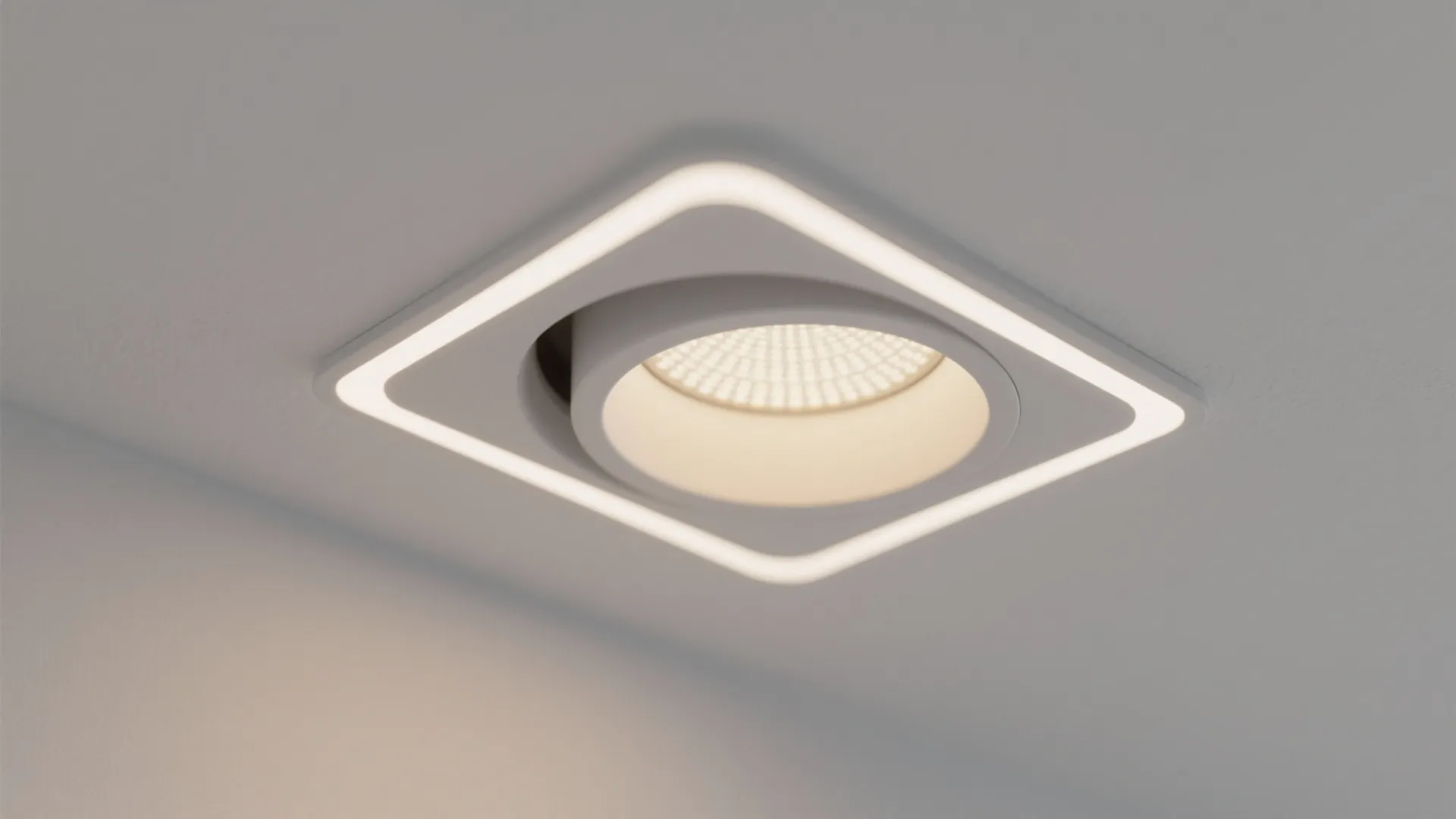Modern white square recessed ceiling light with a glowing inner ring and warm yellow bulb