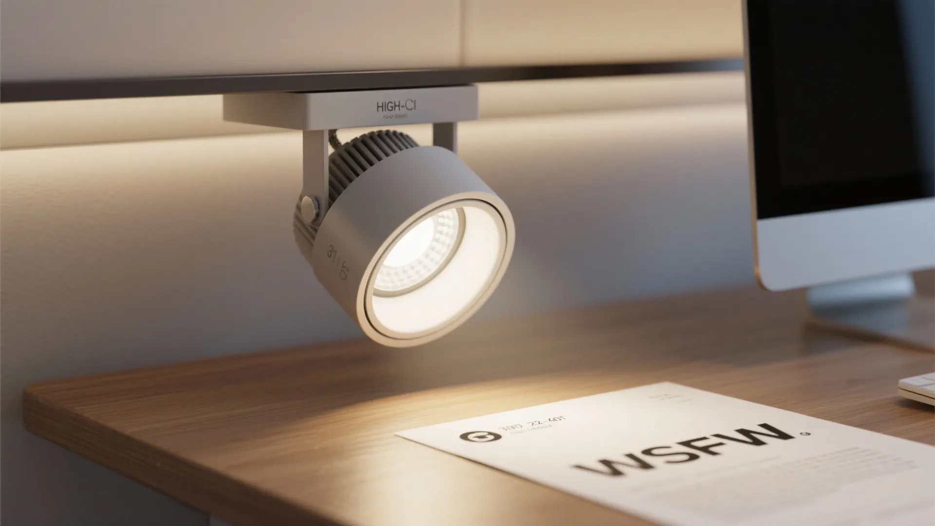 Close up of a white spotlight fixture illuminating a wooden desk with a white paper