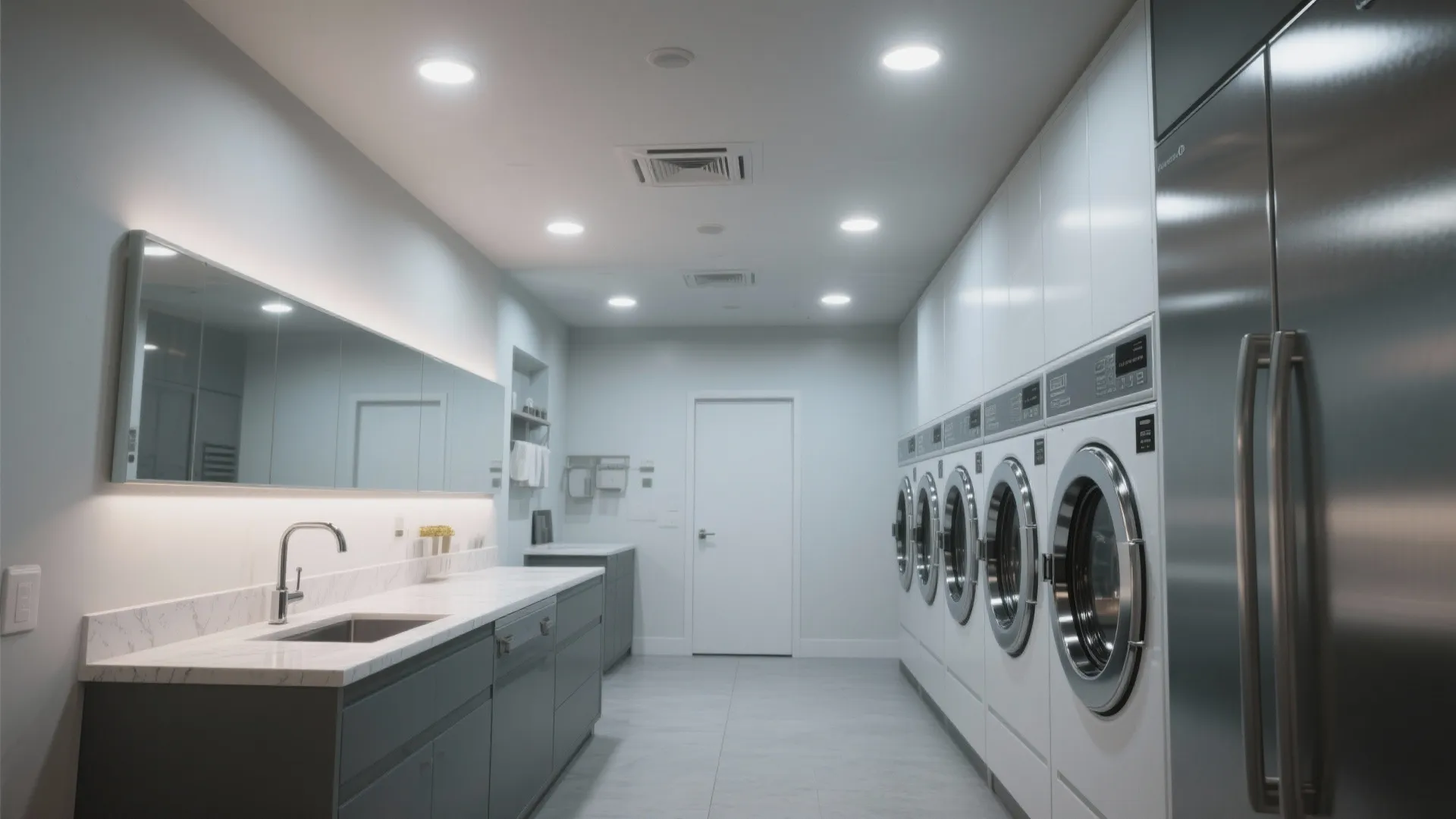 Large commercial laundry room with multiple washing machines white walls grey cabinets and bright ceiling lights