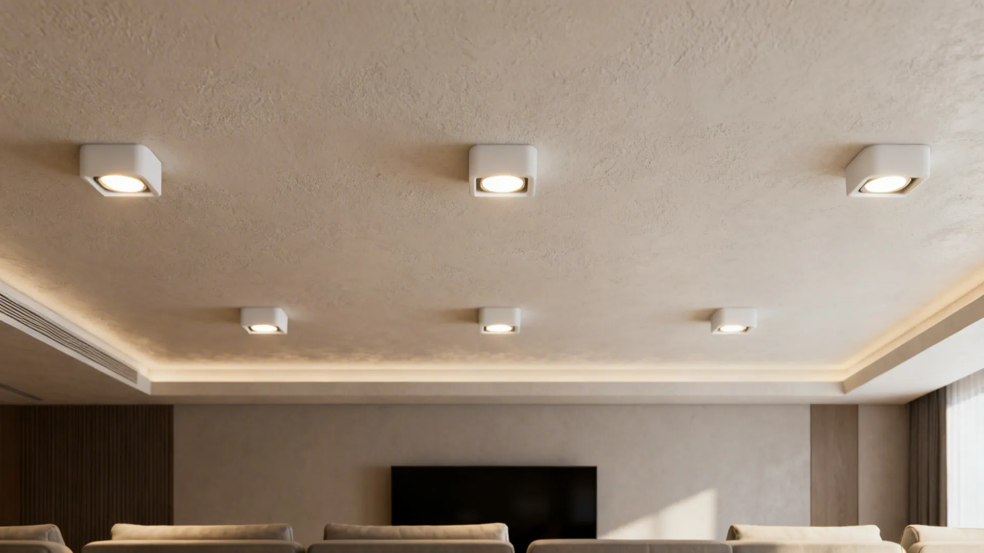 Recessed LED downlights grouped into dimmable zones over a living room seating and media area.