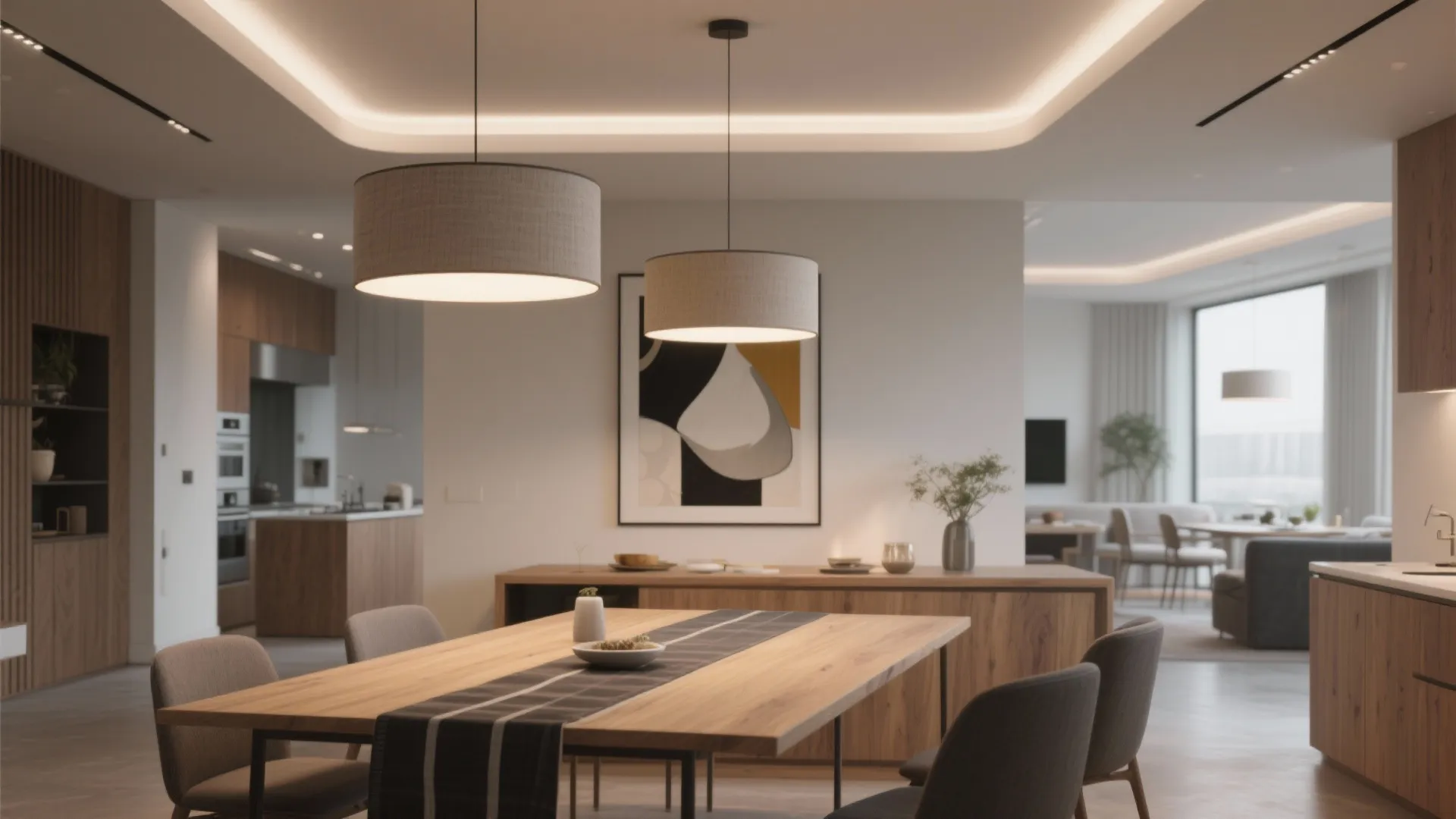 Open-plan dining area with low-profile recessed-lined drum fixtures and a strong table runner anchoring the space