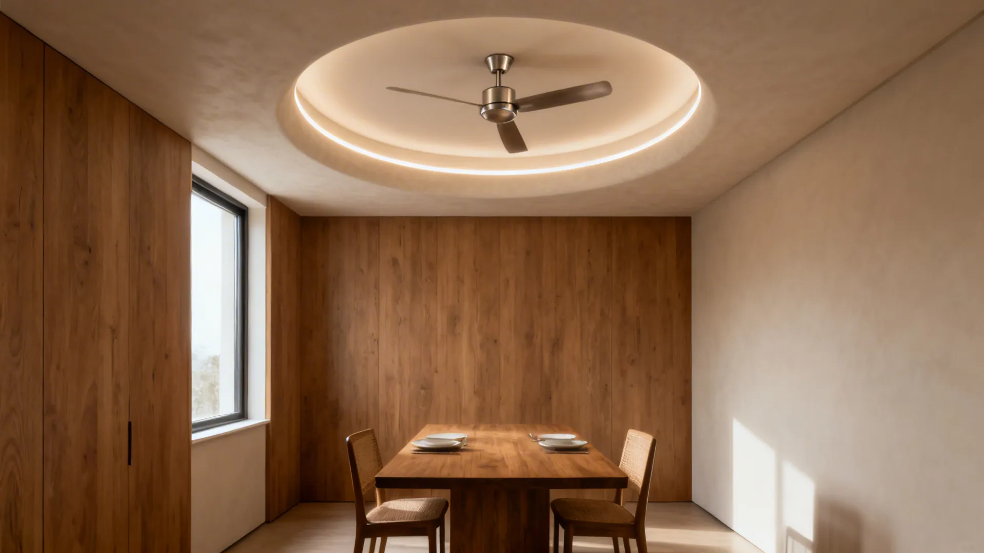 Dining room with circular recessed fan niche and soft cove lighting for glare-free comfort.