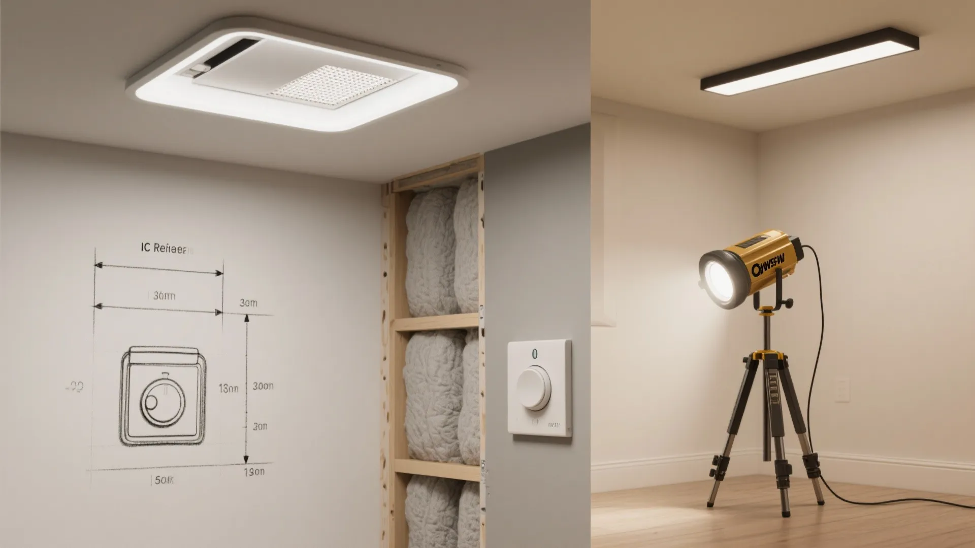 Interior design drawing showing light fixture installation steps with wall switch and bright floor lamp