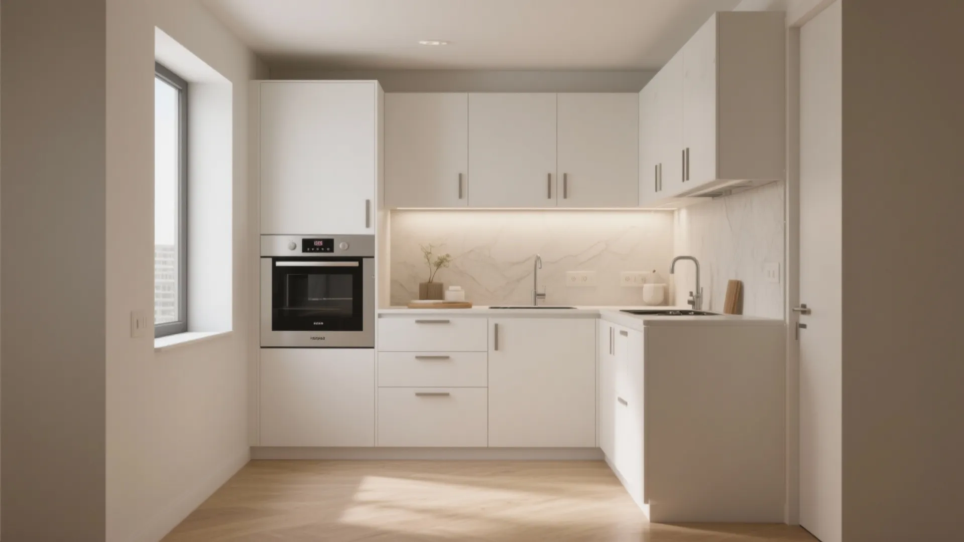 Micro-kitchen with recessed finger-groove handles offering seamless, flush cabinet surfaces